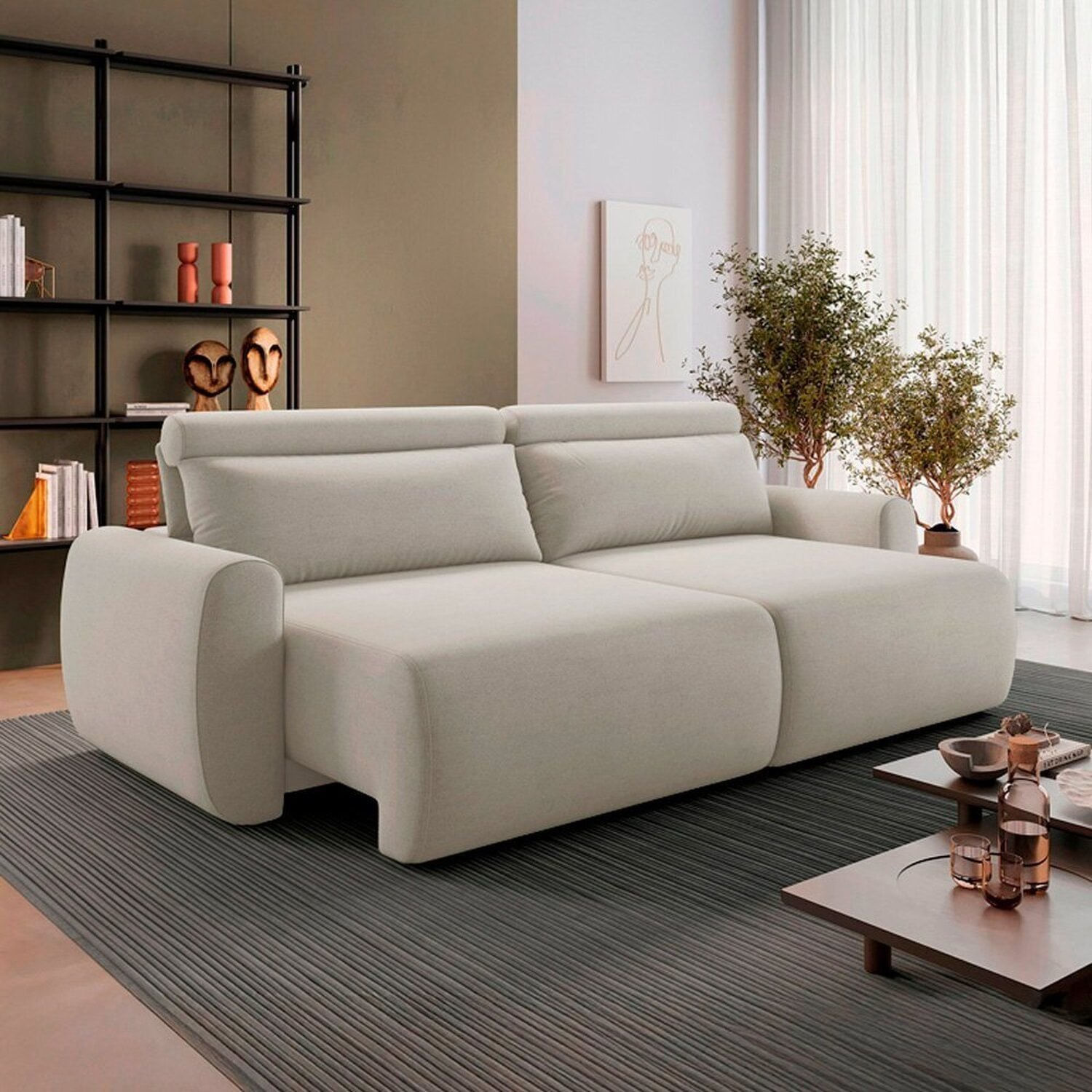 Sofá Retrátil 5 Lugares 280cm Em Linho City Bege Claro