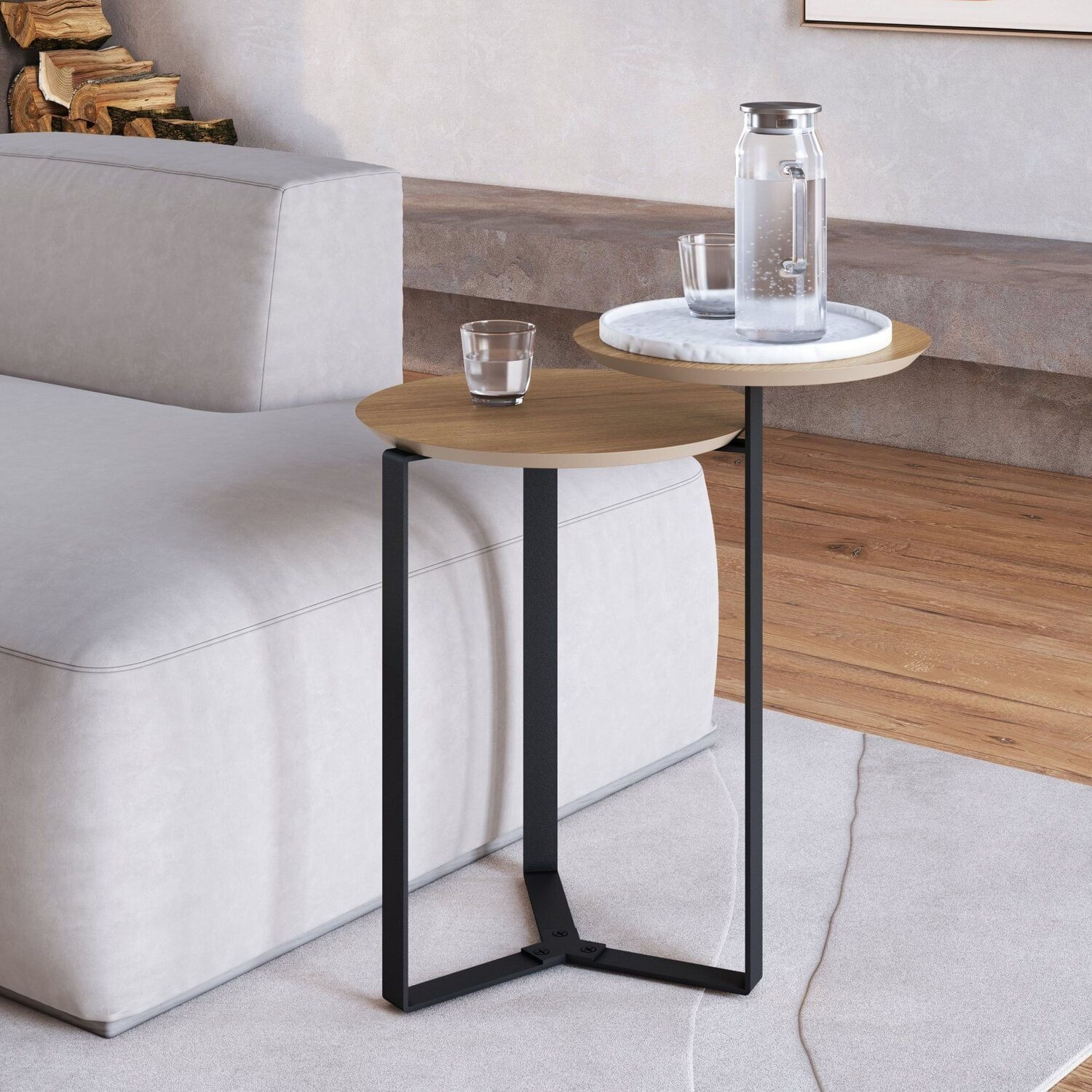 Mesa De Centro Dois Tampos Chanfrado Orgânica Pé Metal Complementos Hanover/preto