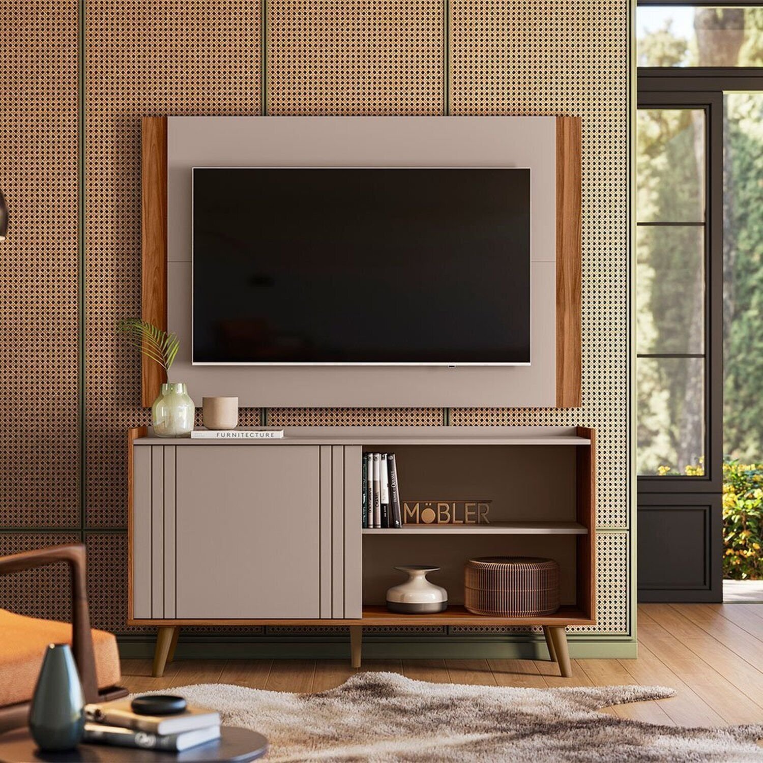 Rack Com Painel Fresno Para Tv 50 Polegadas New Austin Grigio Fosco/cinamomo Mel