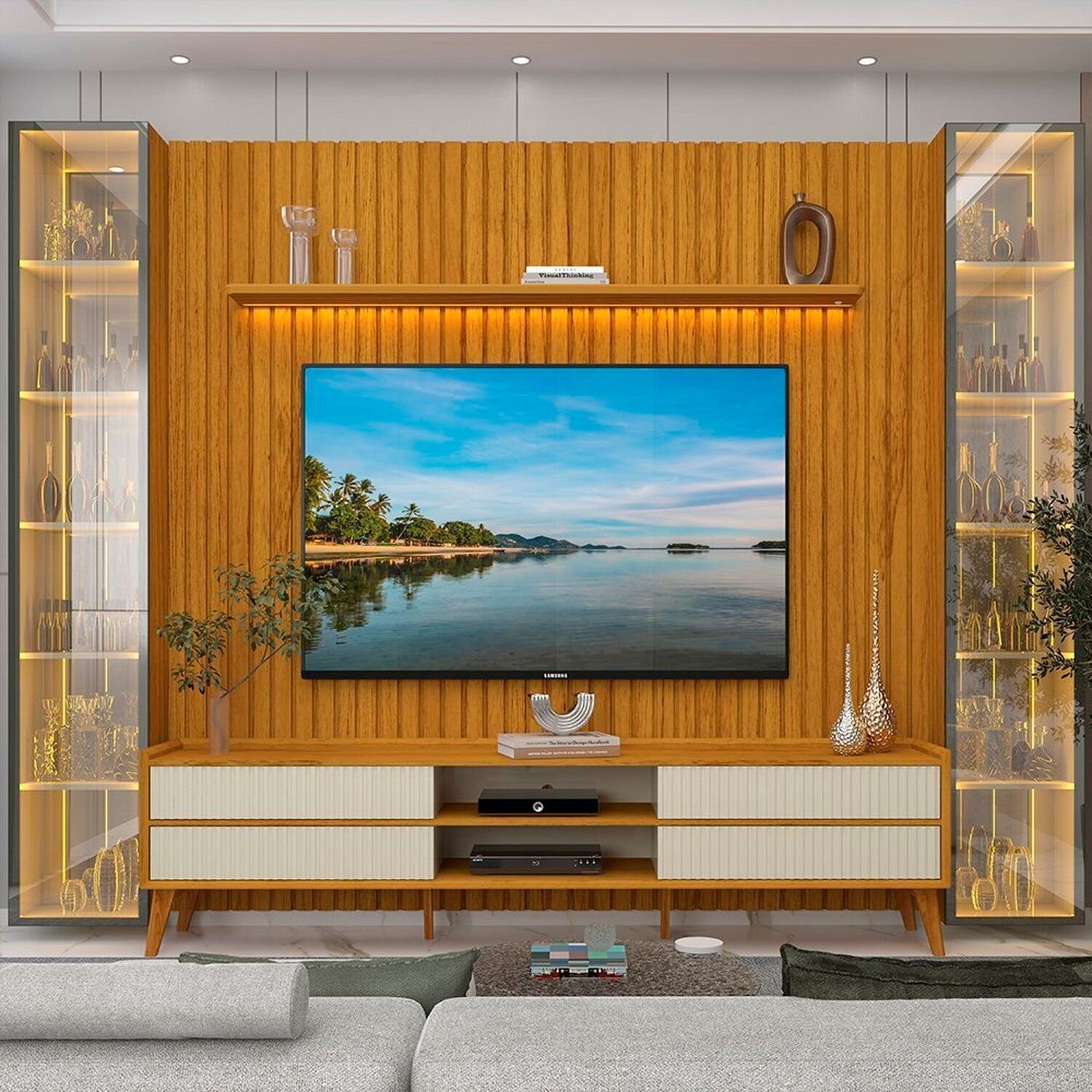 Rack Com Painel Ripado Para Tv 84 Polegadas Pés Em Madeira Maciça 100% Mdf Nobre Clean/magnífico/luminare Naturale/off White