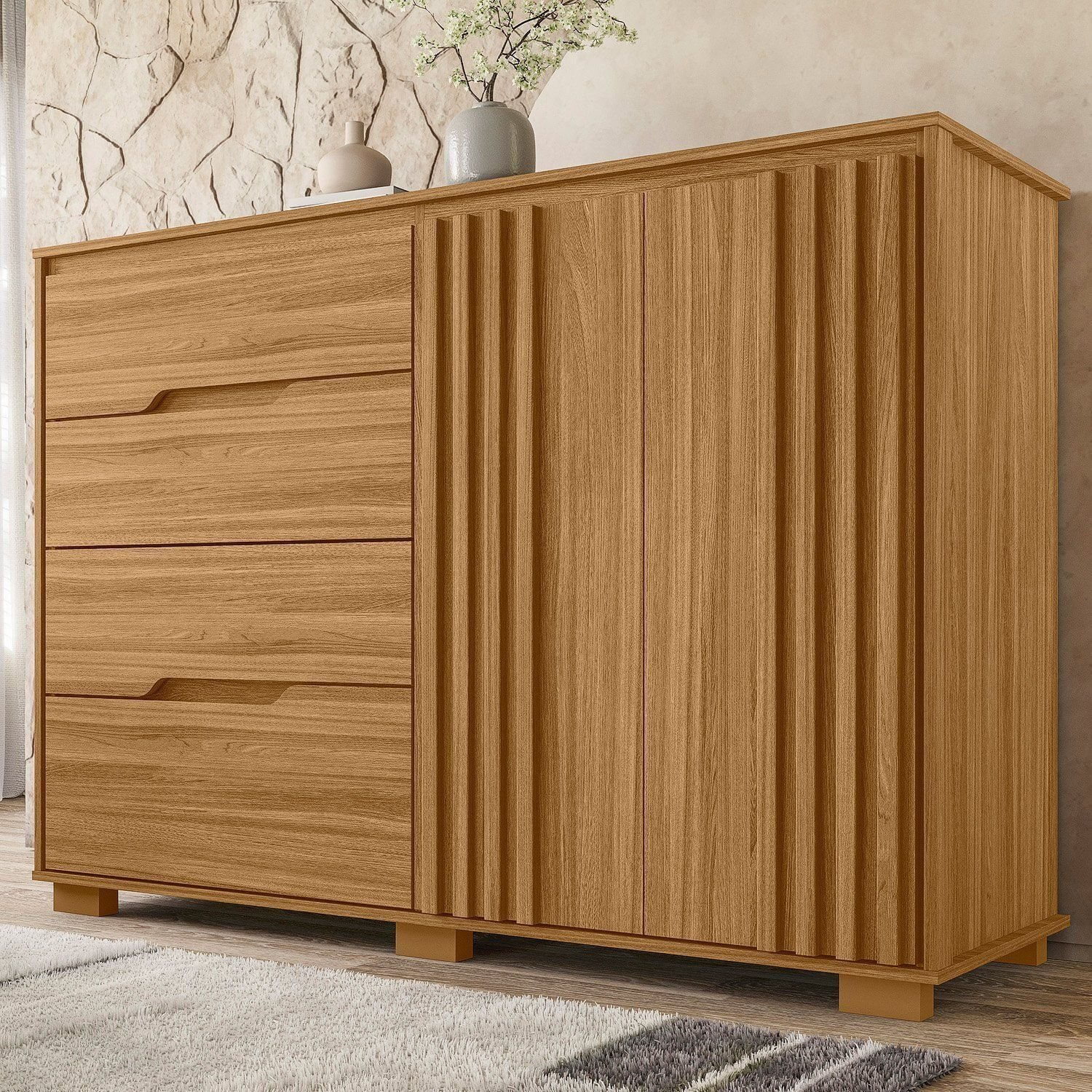 Cômoda Para Quarto 4 Gavetas 2 Portas 147cm Texas Freijó