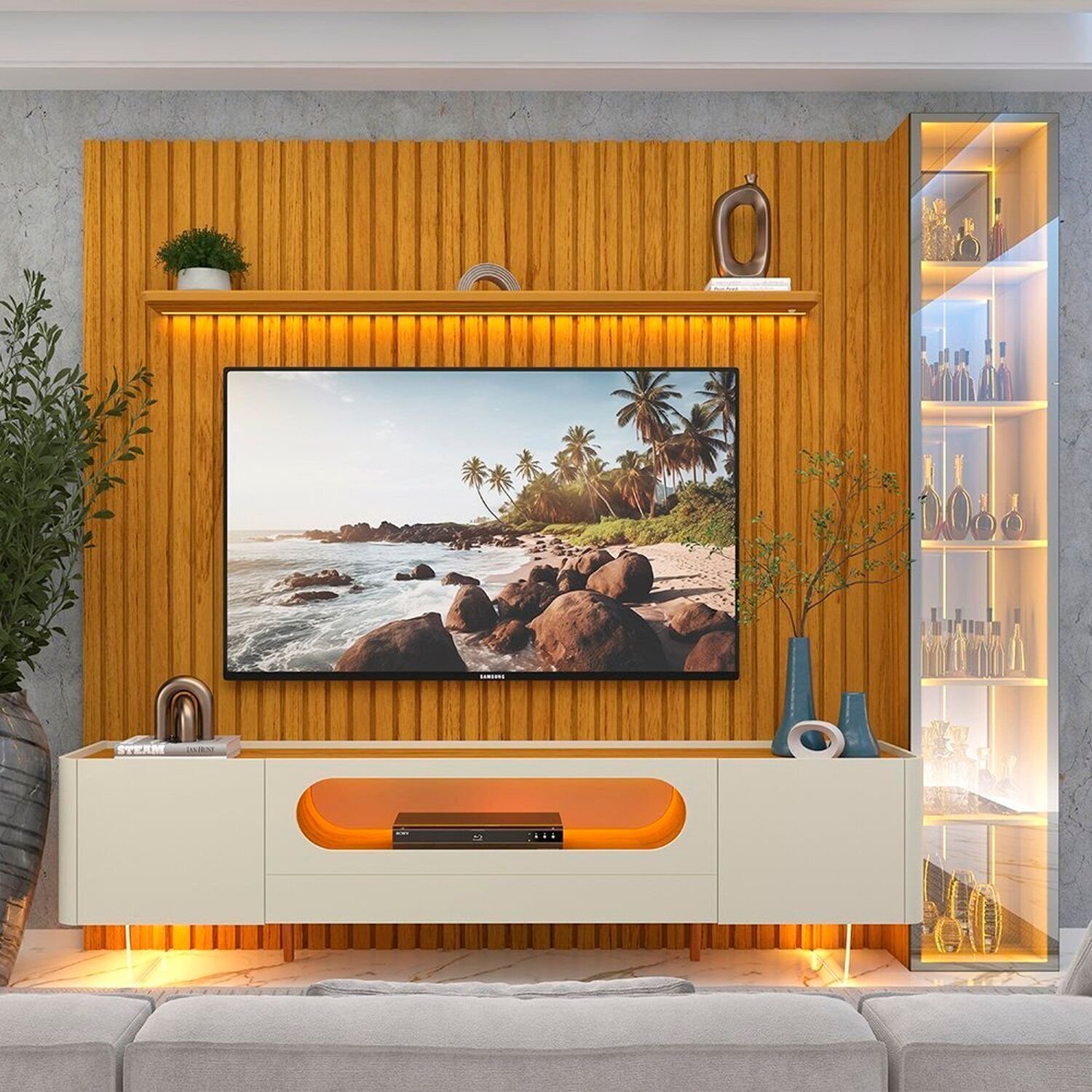 Rack Com Painel Ripado Para Tv 84 Polegadas 100% Mdf Com Led Pés Em Madeira Maciça Nobre Clean/luminare Naturale/off White