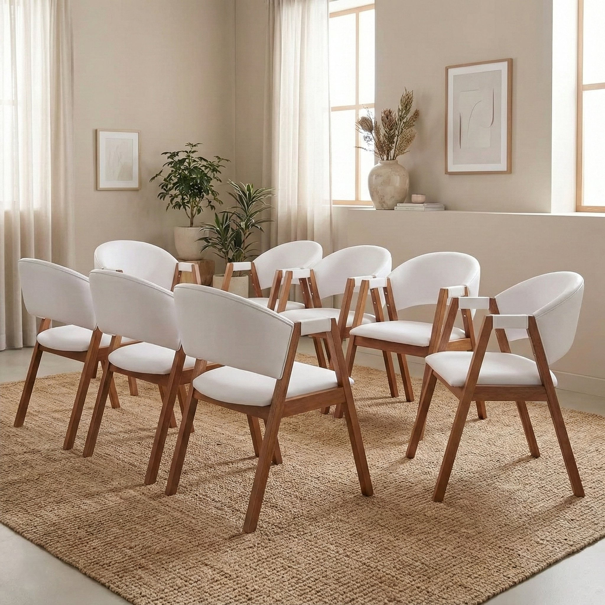 Kit 8 Cadeiras De Jantar Estofadas Em Madeira Maciça E Courino Hibisco Branco/amêndoa