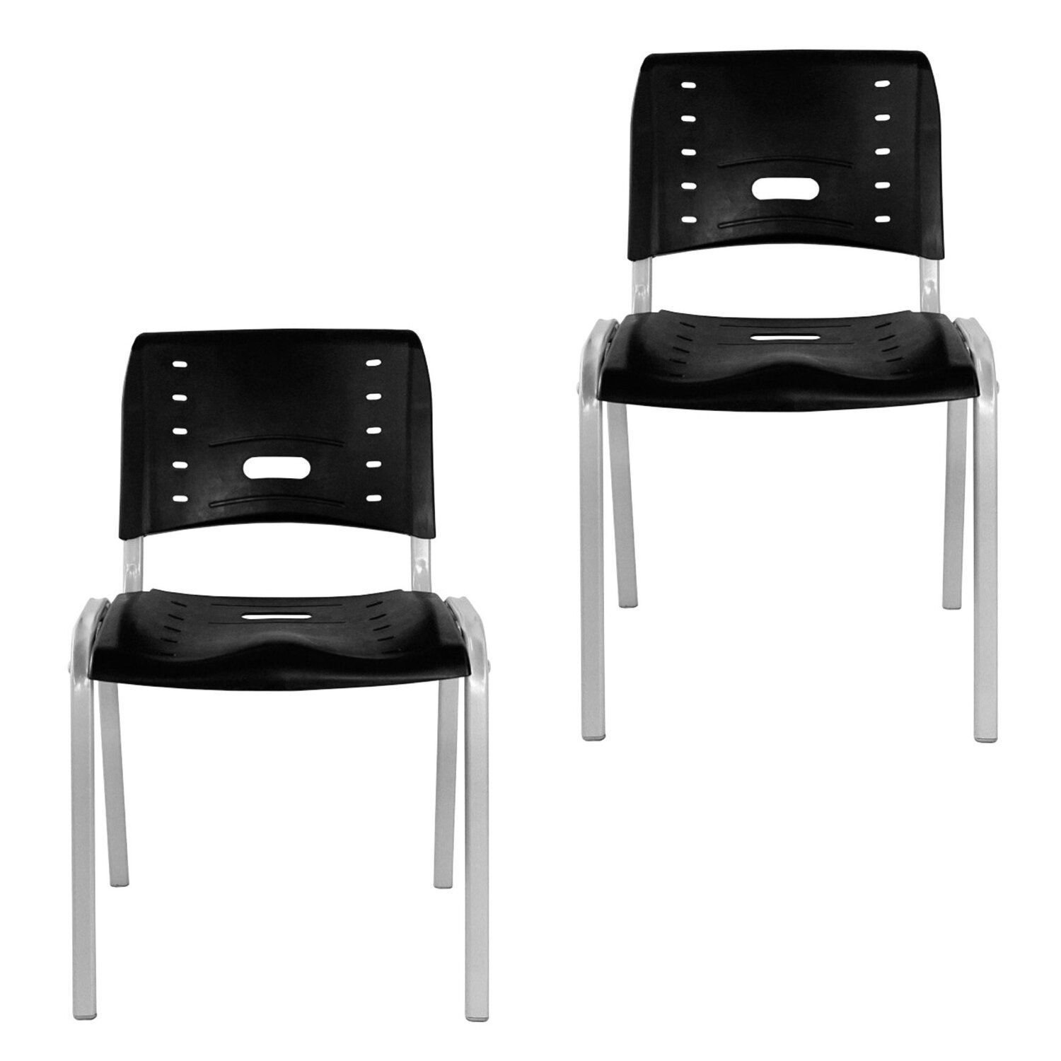 Kit 2 Cadeiras Escritório Fixa Empilhável Hotel Auditório Elo Preto/aluminio
