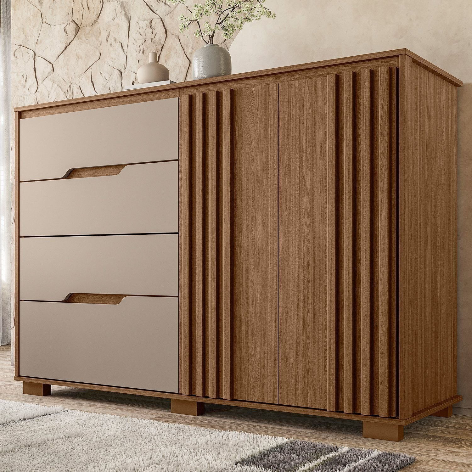 Cômoda Para Quarto 4 Gavetas 2 Portas 147cm Texas Carvalho/fendi