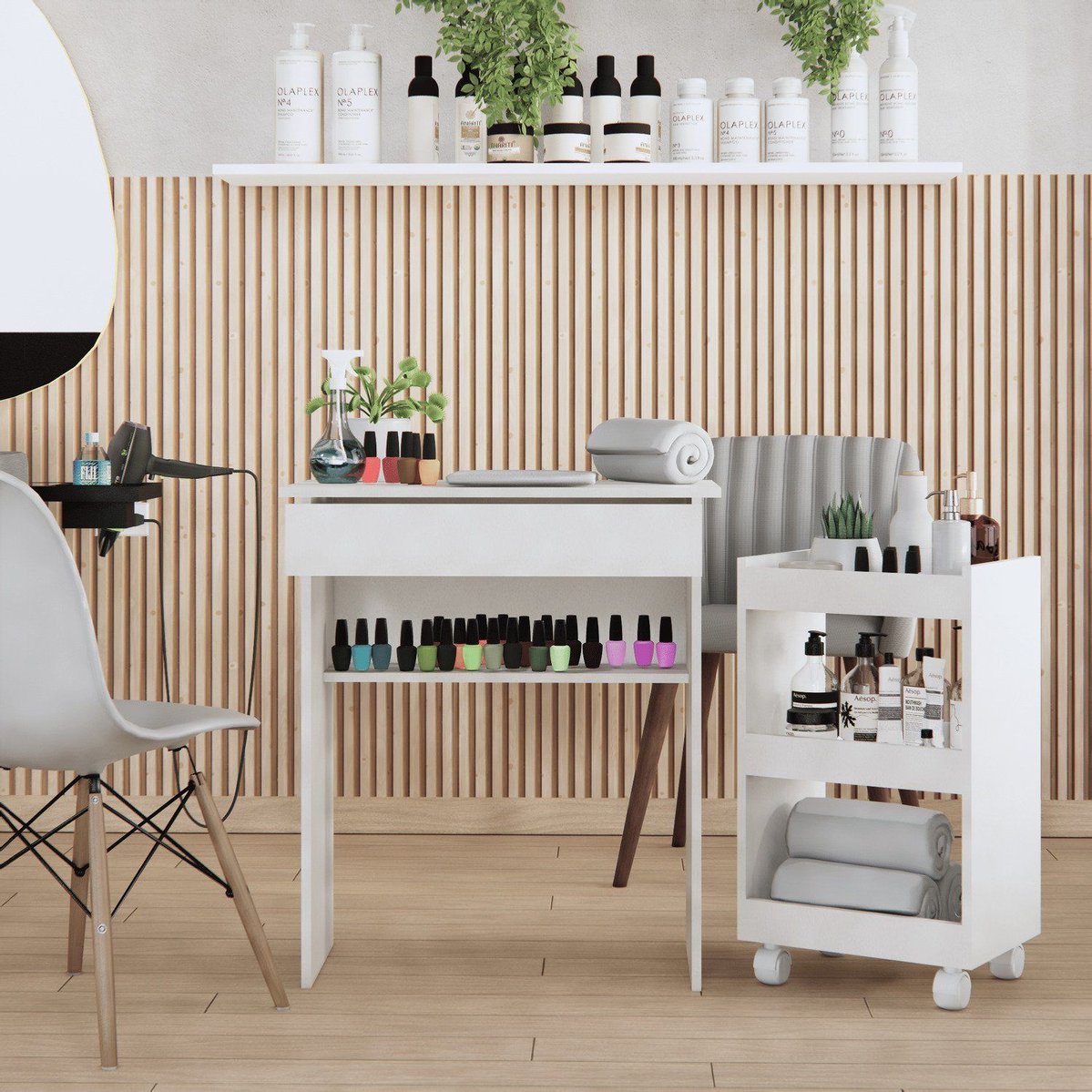 Kit Escrivaninha Maquiagem E Carrinho Multiuso Com Rodinhas Branco