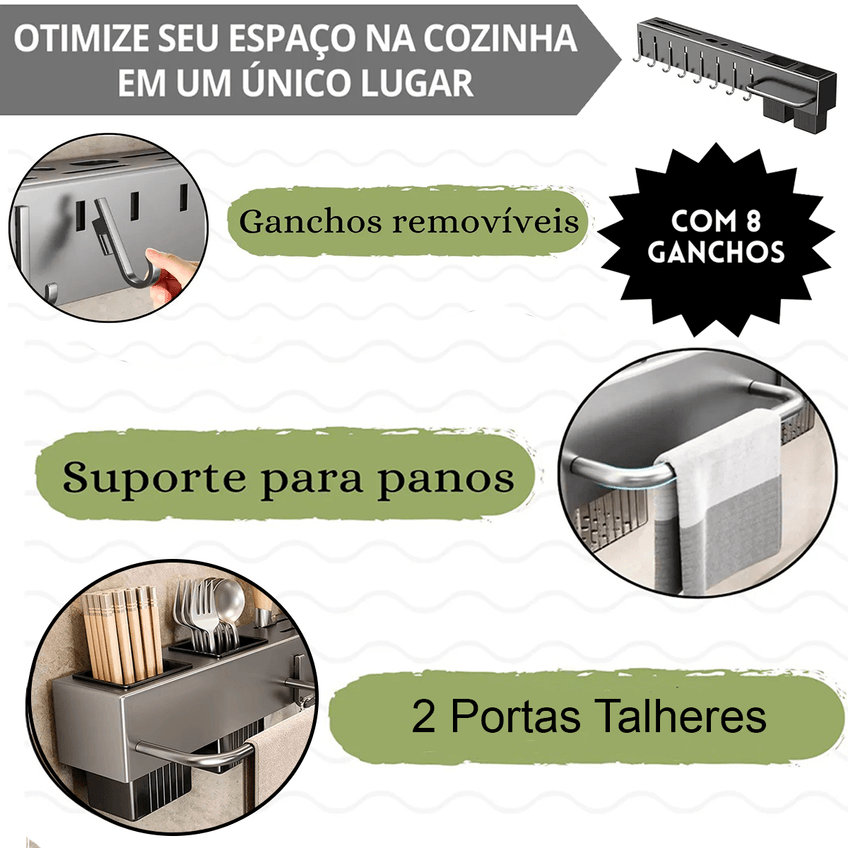 Prateleira Organizador De Cozinha 51cm Aço Suporte De Parede P/ Utensílios Porta Talher Faca Porta Pano Toalha 8 Gancho - imagem 3