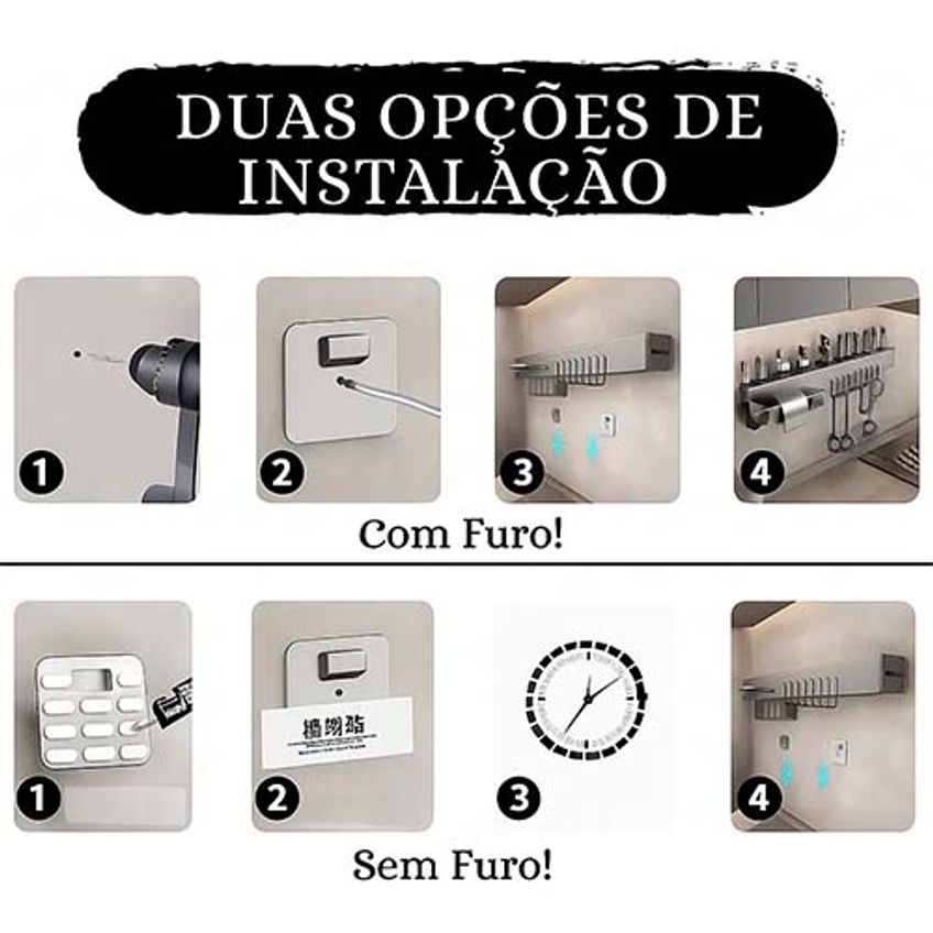 Prateleira Organizador De Cozinha 51cm Aço Suporte De Parede P/ Utensílios Porta Talher Faca Porta Pano Toalha 8 Gancho - imagem 4