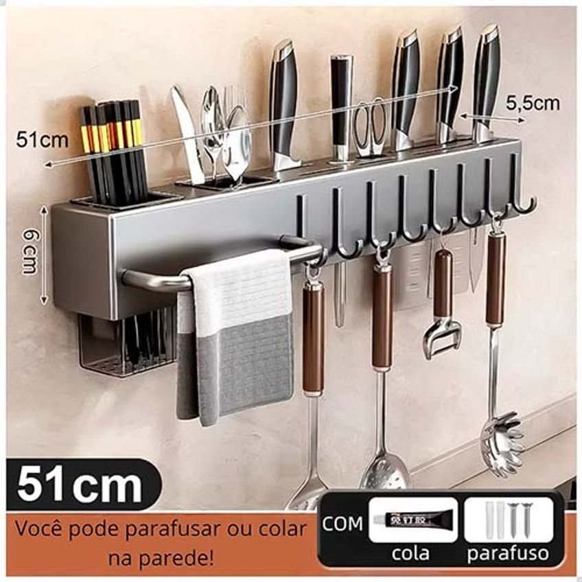 Prateleira Organizador De Cozinha 51cm Aço Suporte De Parede P/ Utensílios Porta Talher Faca Porta Pano Toalha 8 Gancho - imagem 5