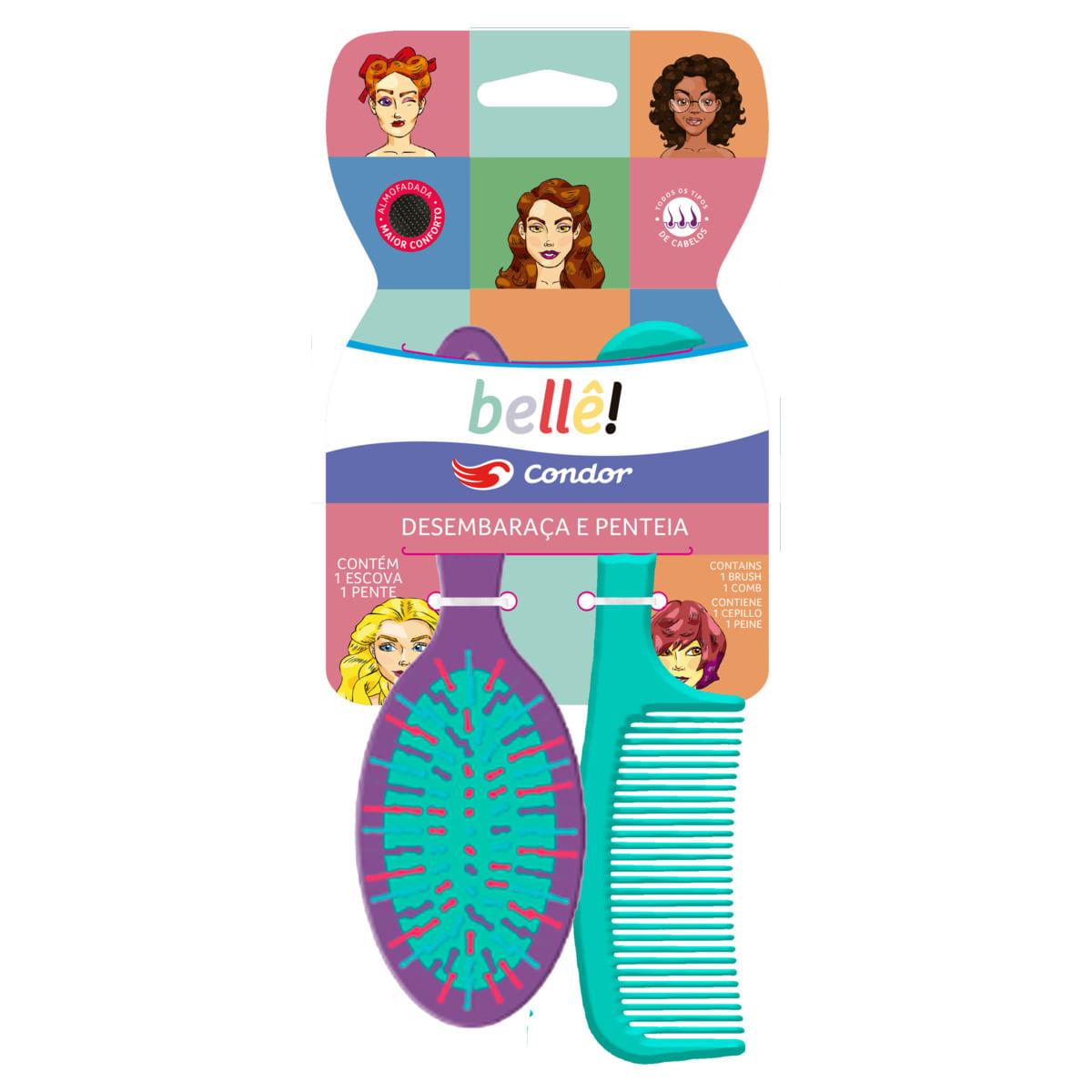 Kit Escova Almofadada Oval + Pente Para Cabelo Condor Bellê!