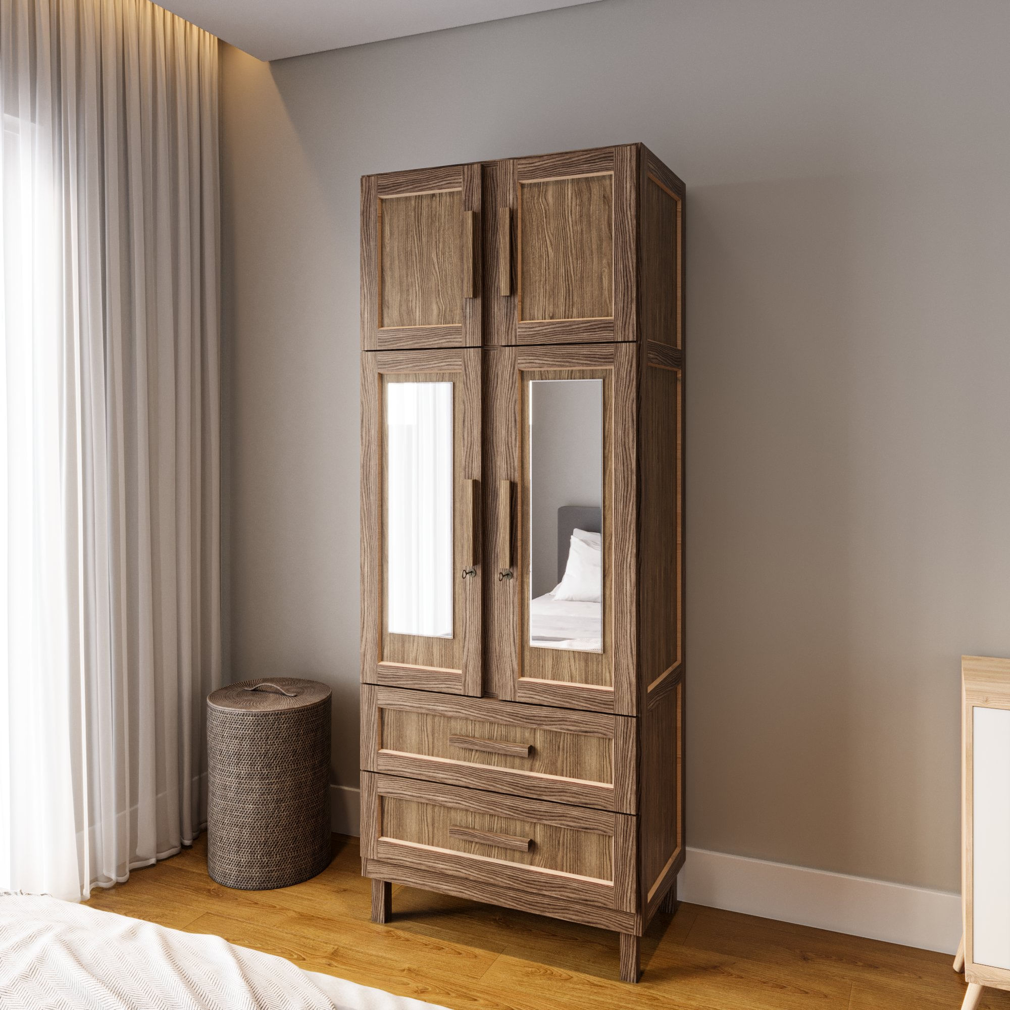 Guarda-roupa Solteiro Com Espelho 4 Portas 2 Gavetas Teresina Imbuia Natural