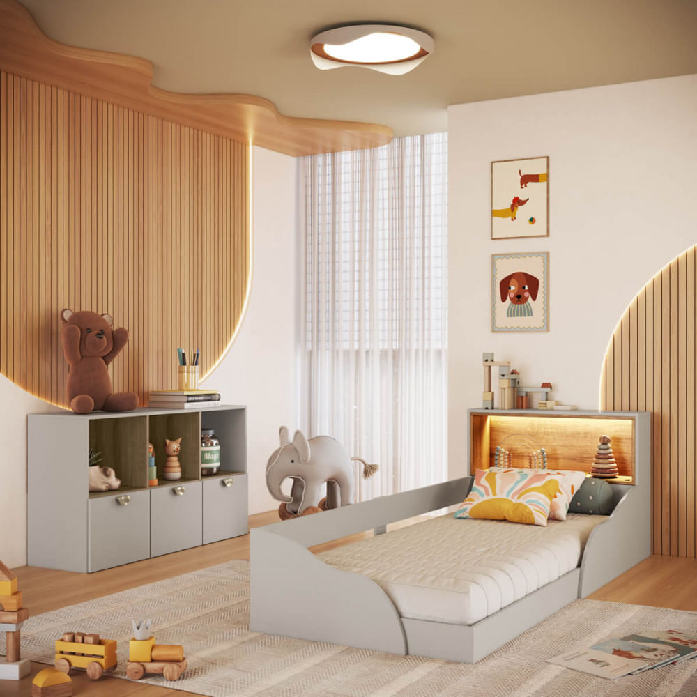 Quarto Infantil Cama Solteiro Montessoriana Led E Cômoda Cj082 Lille