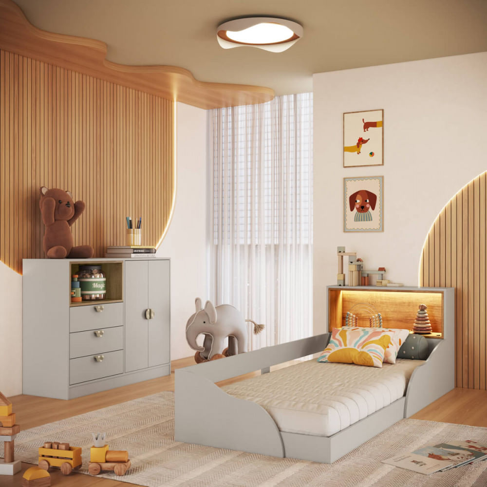 Quarto Infantil Cama Solteiro Montessoriana Led E Cômoda 3 Gavetas Cj080 Lille