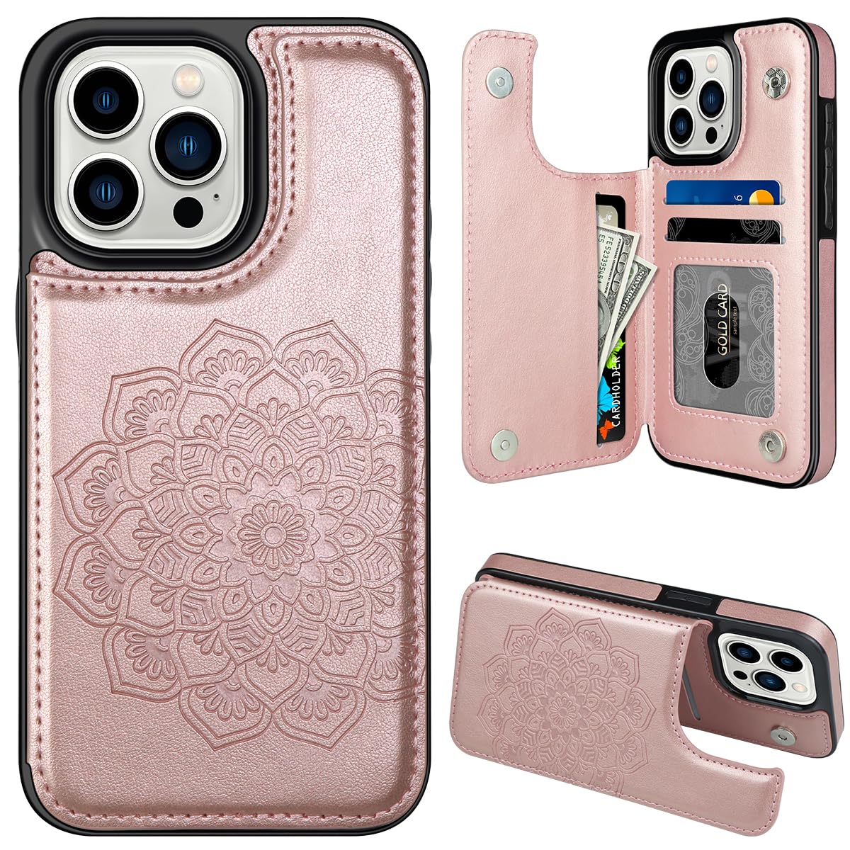 Capa De Telefone Mmhuo Para Iphone 15 Pro Com Porta-cartões Em Ouro Rosa