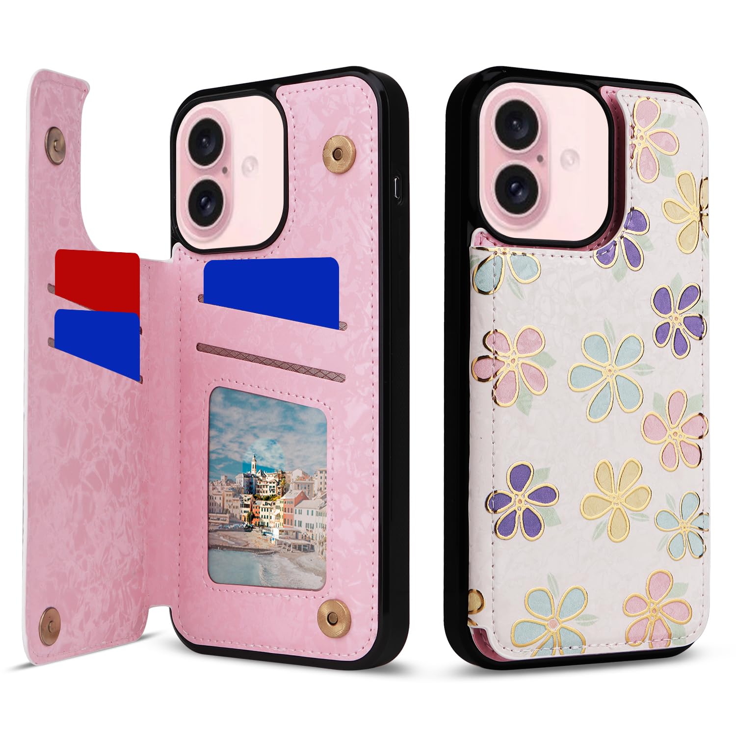 Capa Tipo Carteira Ueebai Para Iphone 16 Em Couro Pu White Daisy