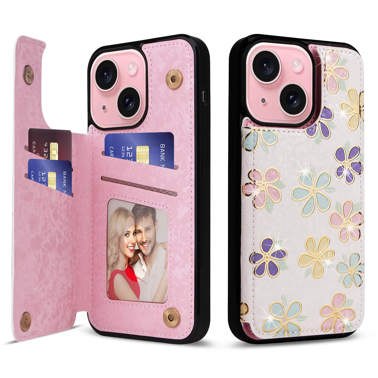 Capa Tipo Carteira Ueebai Para Iphone 14, Couro Pu, Rfid, Floral