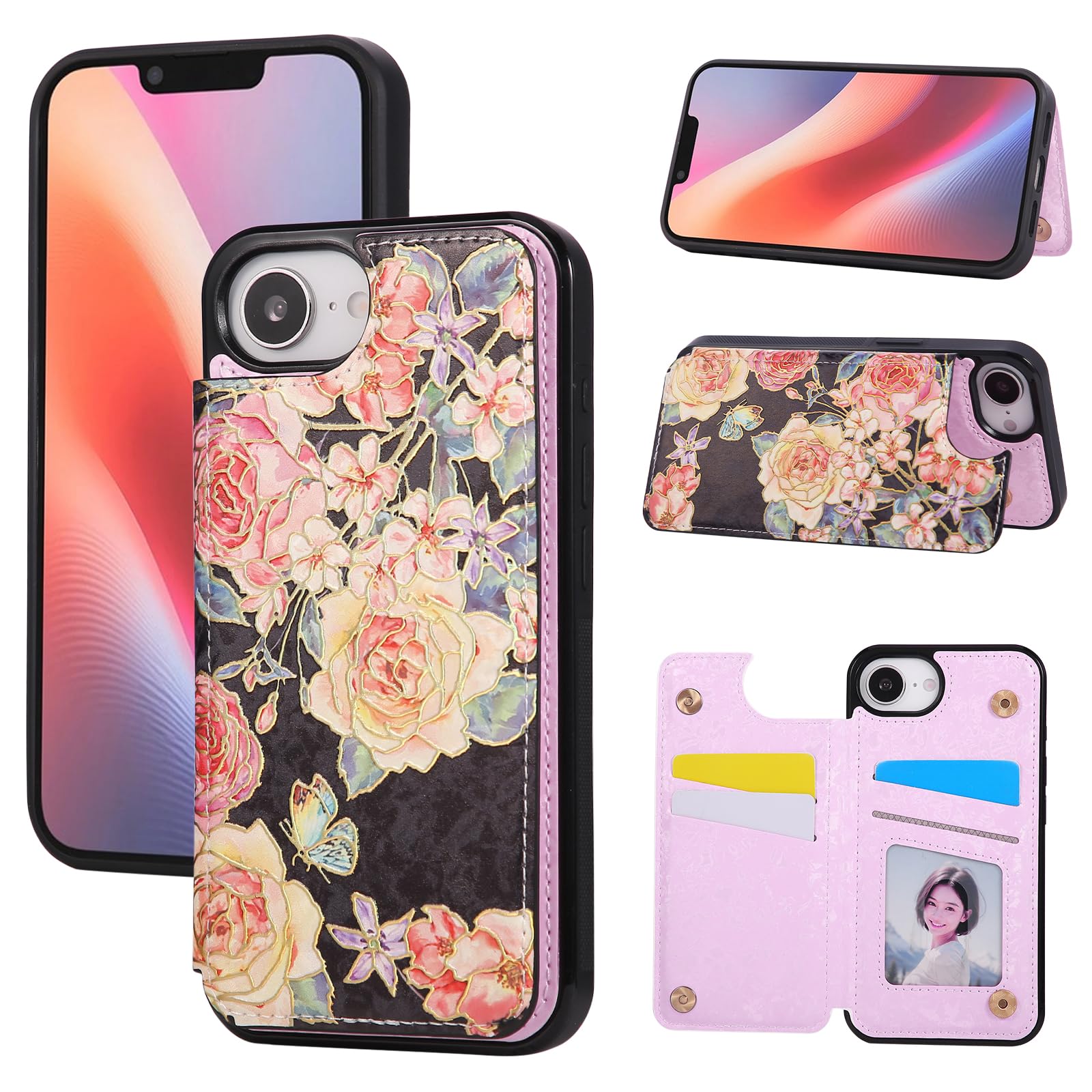 Capa Tipo Carteira Ueebai Para Iphone 17 Em Couro Pu Rfid Preta Rosa