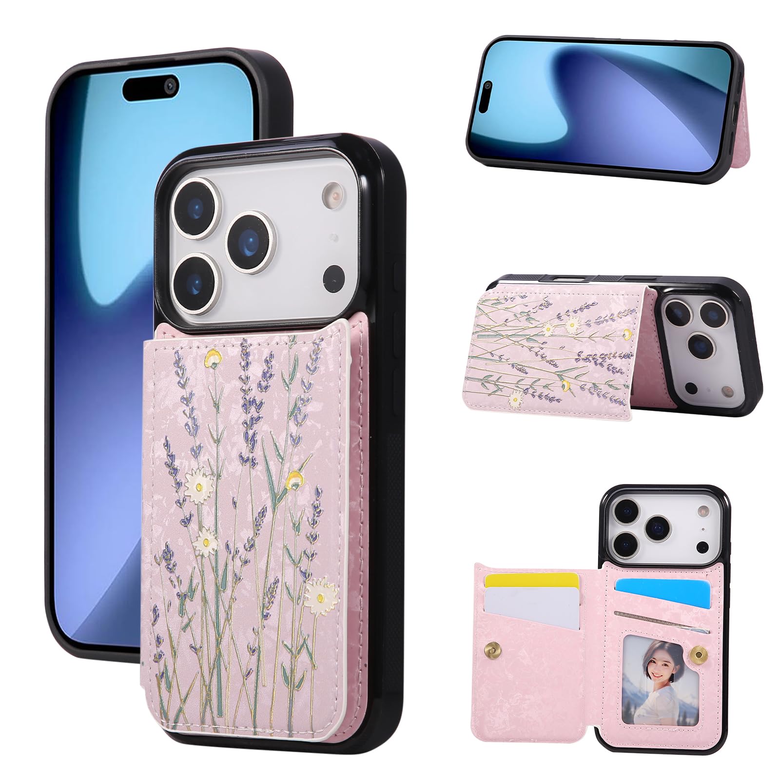 Capa Para Iphone 17 Pro Ueebai Floral Em Couro Pu, Carteira Rfid