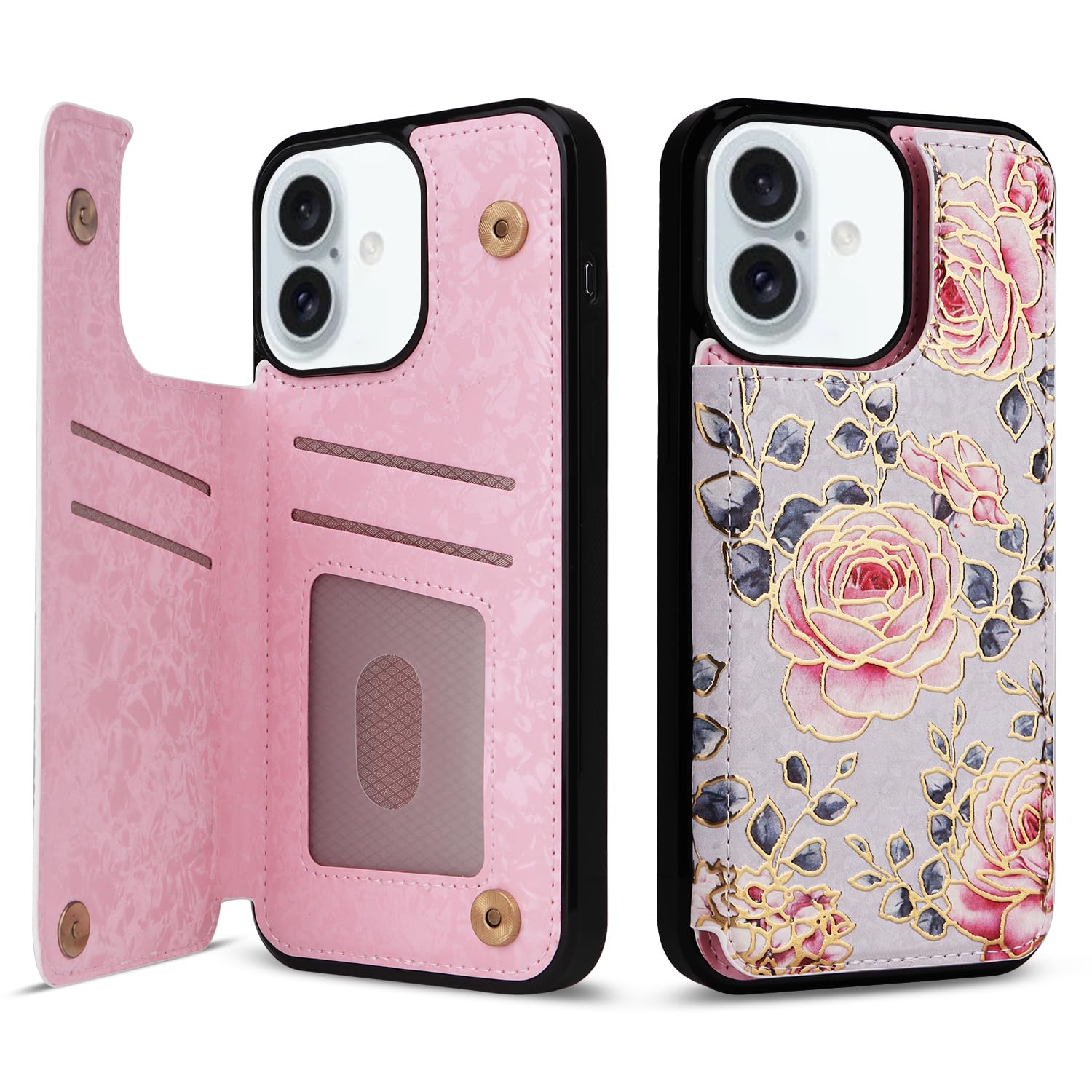 Capa Tipo Carteira Ueebai Para Iphone 16 Plus Em Couro Pu Roxo Rosa