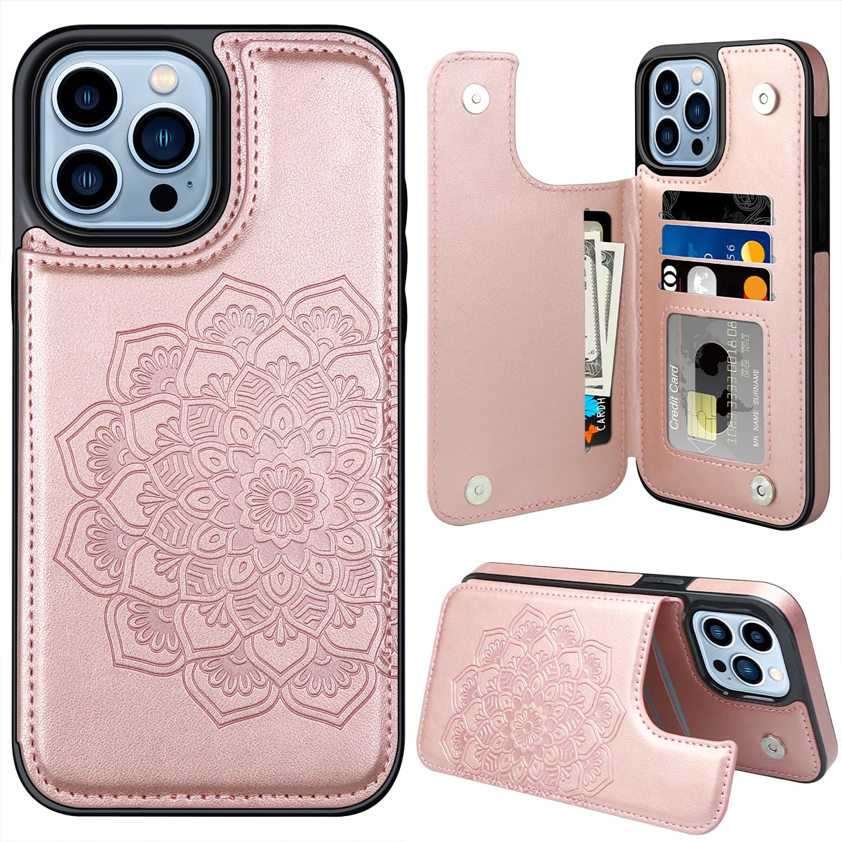 Capa Tipo Carteira Mmhuo Para Iphone 15 Pro Max 6,7" Em Ouro Rosa