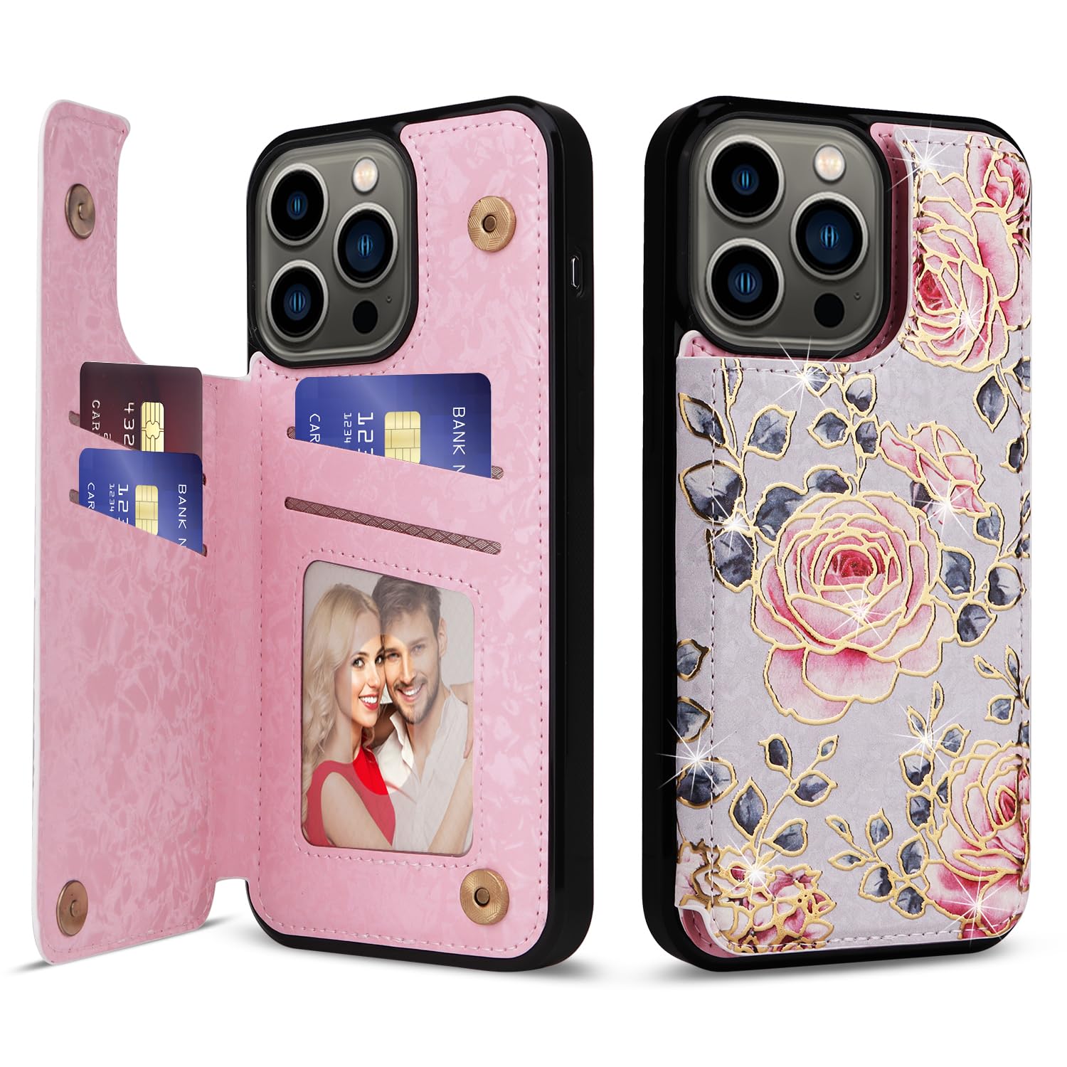 Capa Tipo Carteira Ueebai Para Iphone 13 Pro Em Couro Pu Roxo Rosa