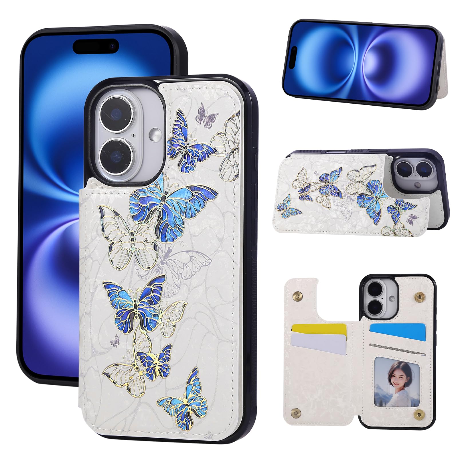 Capa Tipo Carteira Ueebai Para Iphone 16 Plus Com Porta-cartões Azul