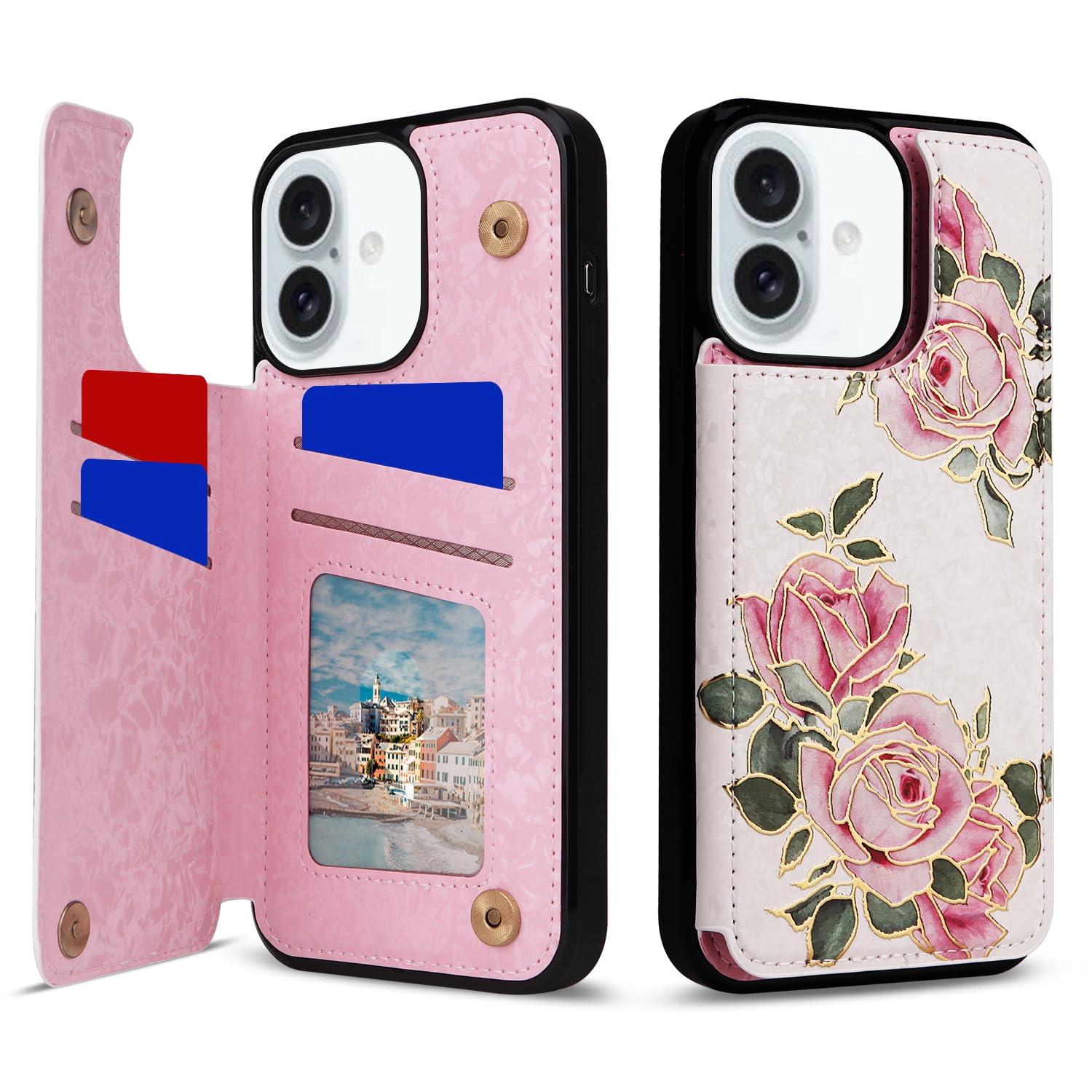Capa Tipo Carteira Ueebai Para Iphone 16 Plus Com Porta-cartões Rosa