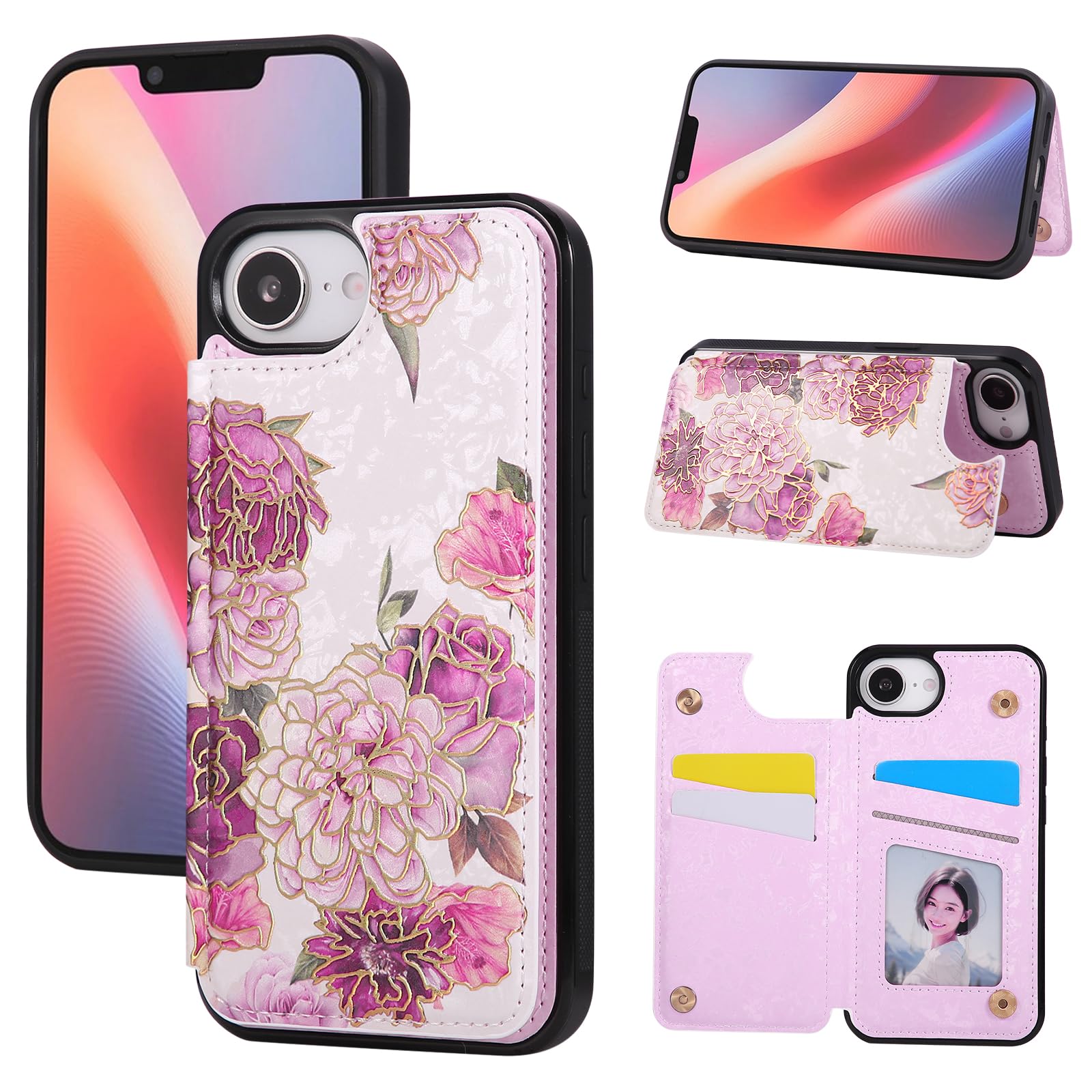 Capa Tipo Carteira Ueebai Para Iphone 16e Em Couro Pu Branco Rosa