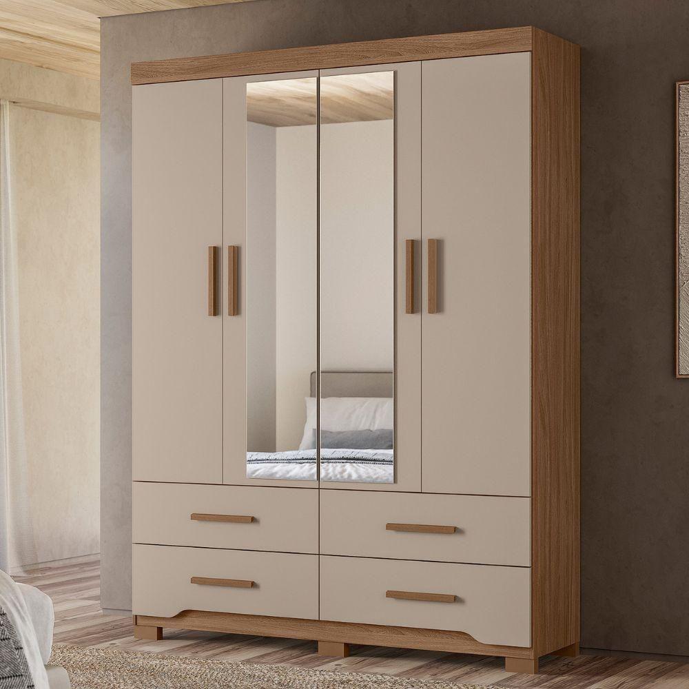 Guarda Roupa Casal 4p Espelho 157 Cm Miami Carvalho Fendi Moval