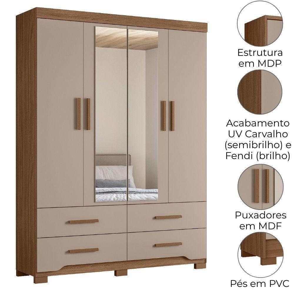 Guarda Roupa Casal 4p Espelho 157 Cm Miami Carvalho Fendi Moval