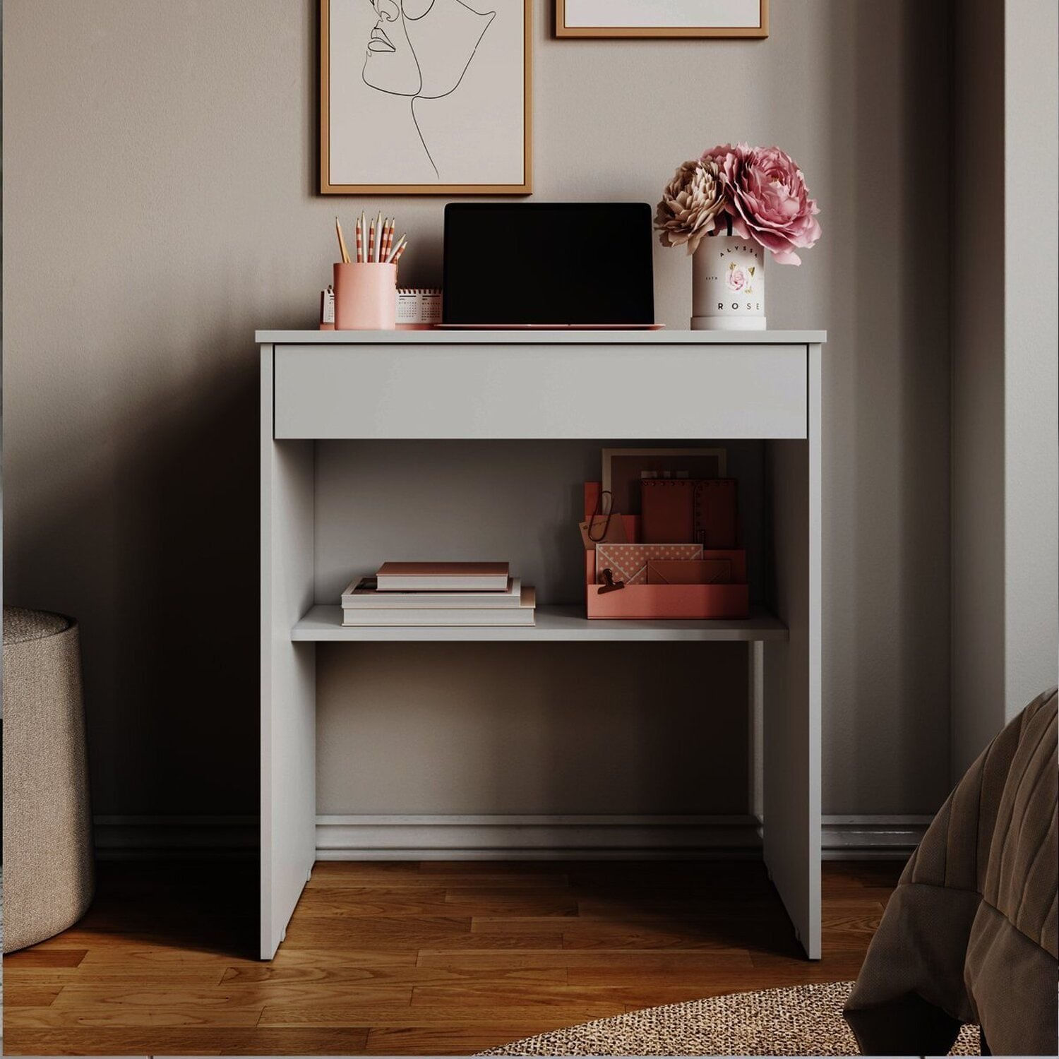 Escrivaninha Prática Com Gaveta Mesa De Computador Escritório Off-white