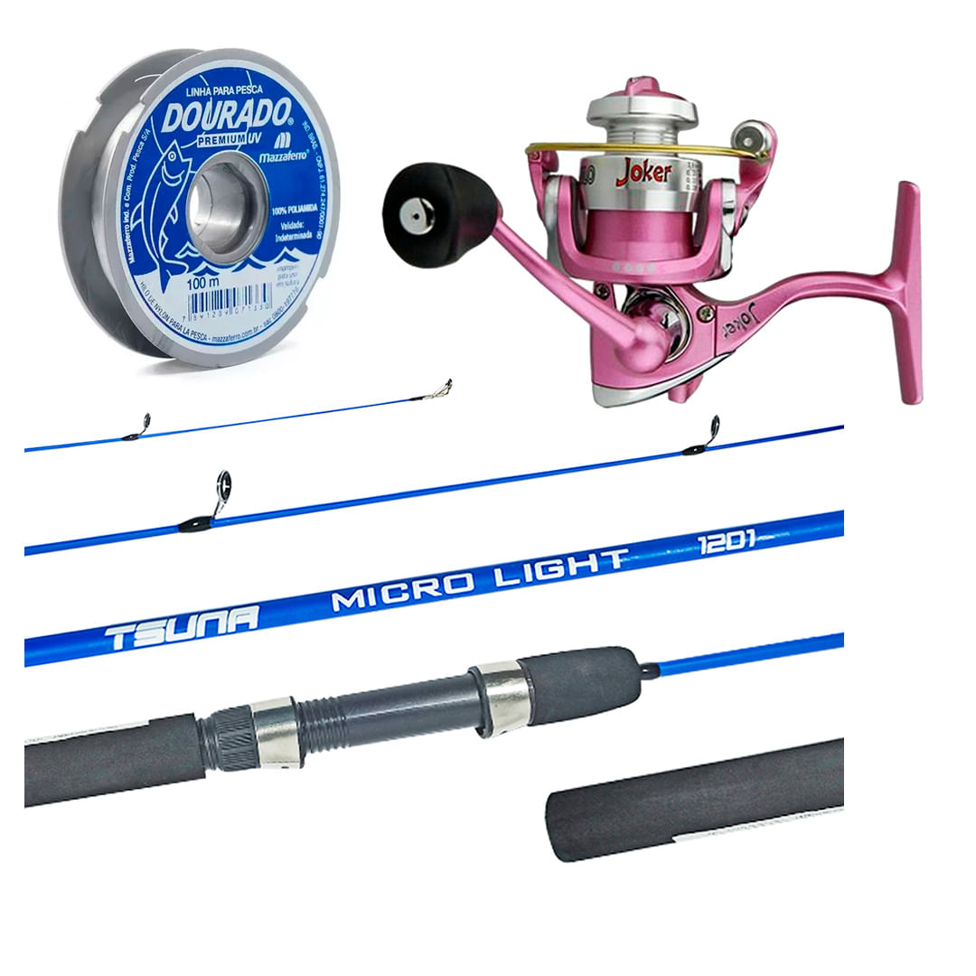Kit Pesca Ultra Light Molinete Joker + Vara Tsuna 1,35m + Linha Dourado - 100m