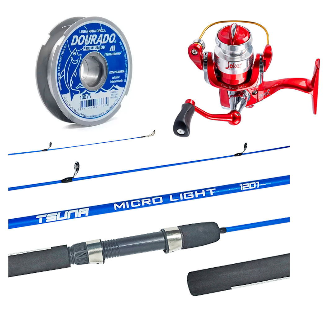 Kit Pesca Ultra Light Molinete Joker + Vara Tsuna 1,35m + Linha Dourado - 100m