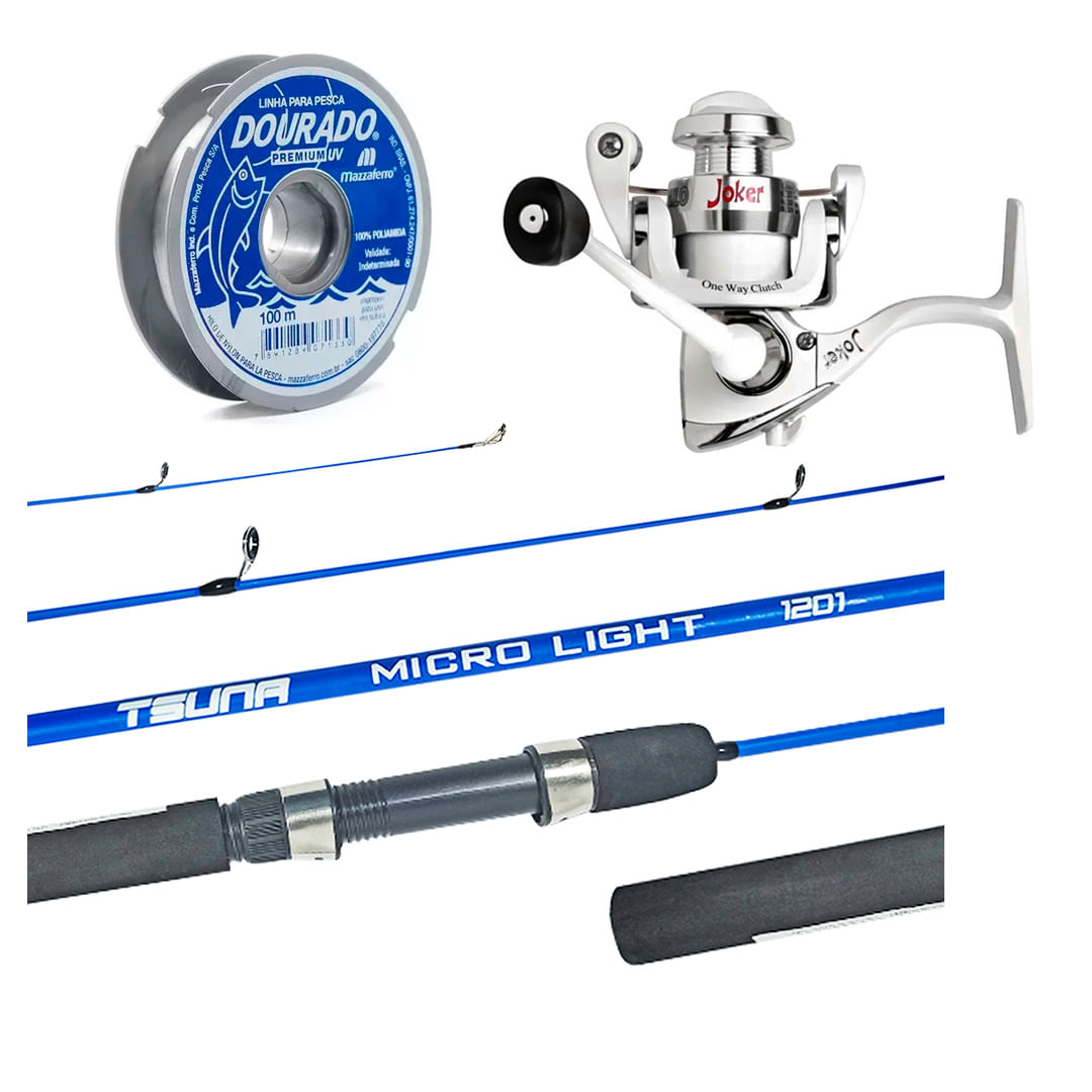Kit Pesca Ultra Light Molinete Joker + Vara Tsuna 1,35m + Linha Dourado - 100m