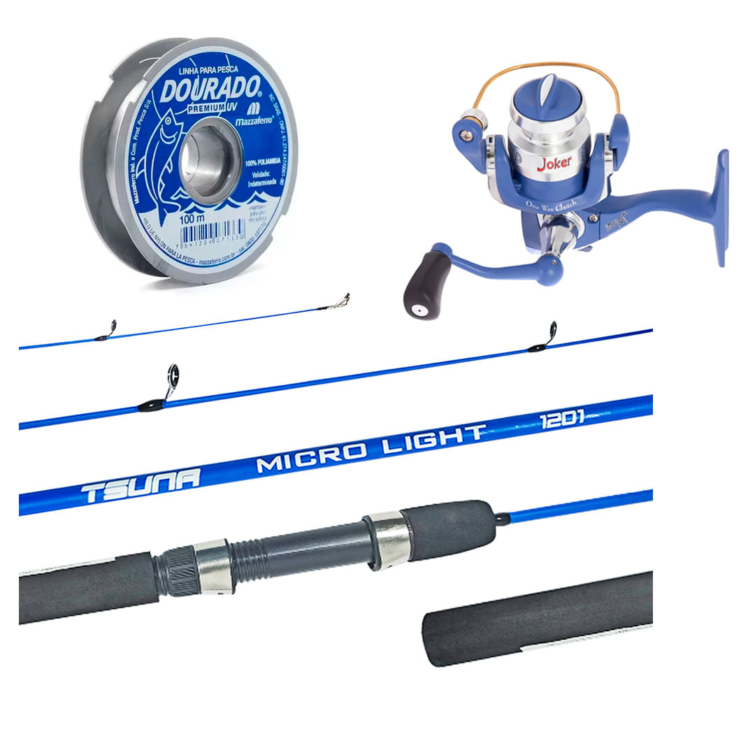 Kit Pesca Ultra Light Molinete Joker + Vara Tsuna 1,35m + Linha Dourado - 100m