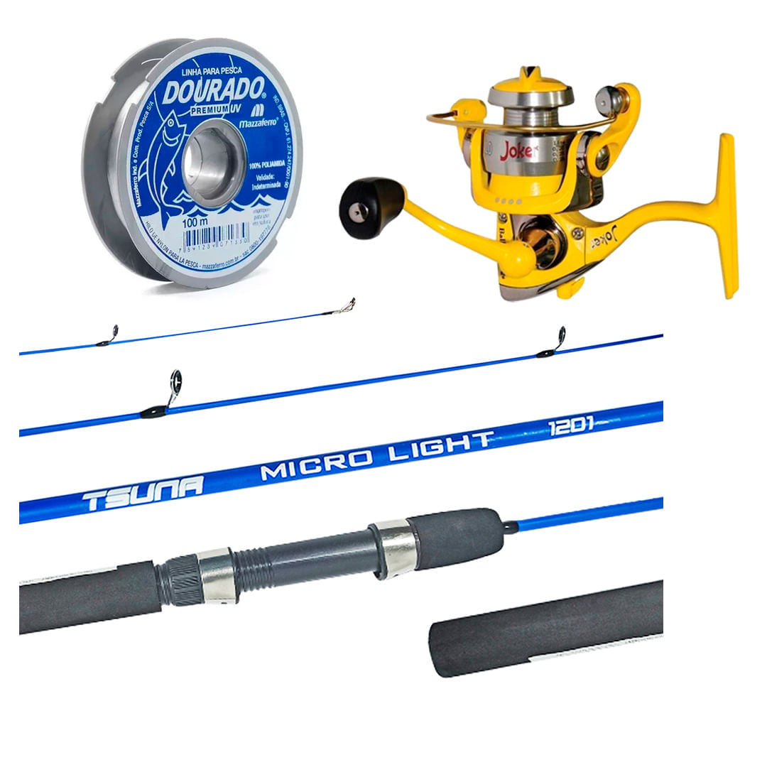 Kit Pesca Ultra Light Molinete Joker + Vara Tsuna 1,35m + Linha Dourado - 100m