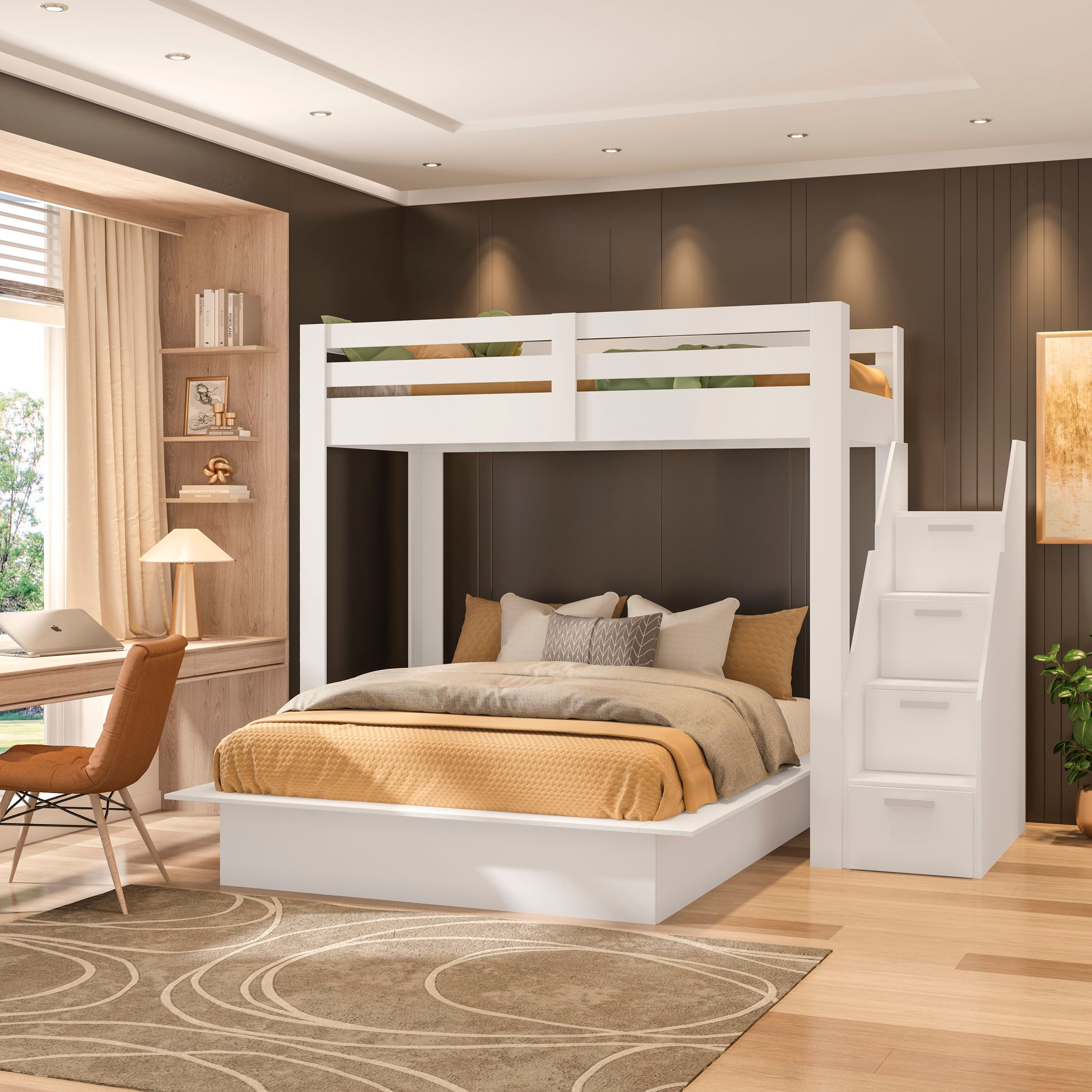 Beliche Family Adulto Com Cama Casal Star Plus Branco Perfect Wood