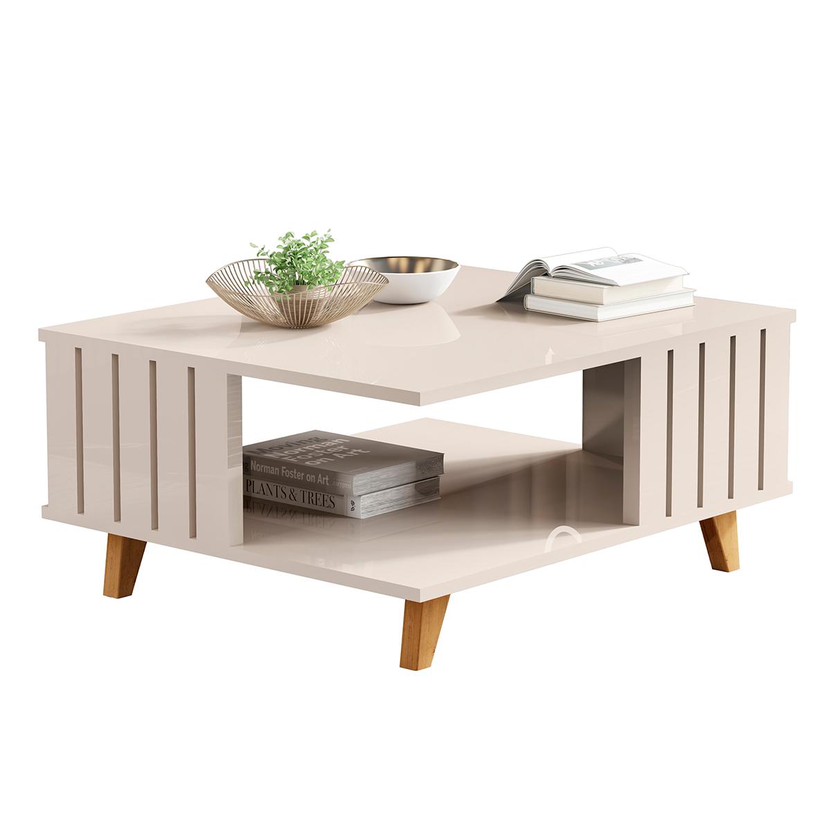 Mesa De Centro Açai Sala Com Pés De Madeira Maciça Off White