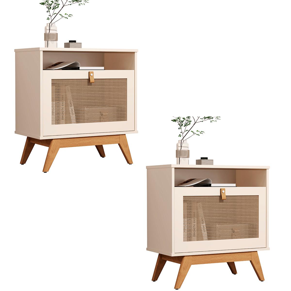 Kit 2 Mesa De Cabeceira Camu-camu New E Pés Madeira Maciça Off White