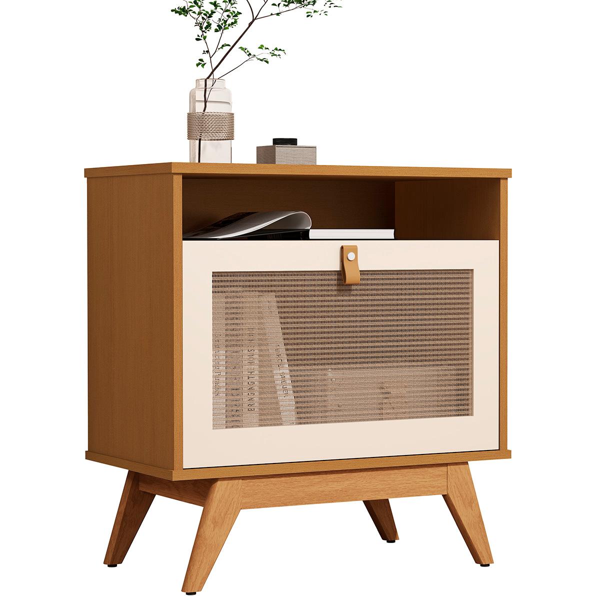 Mesa De Cabeceira Camu-camu New 1 Porta E Pés Madeira Maciça Nature/off White