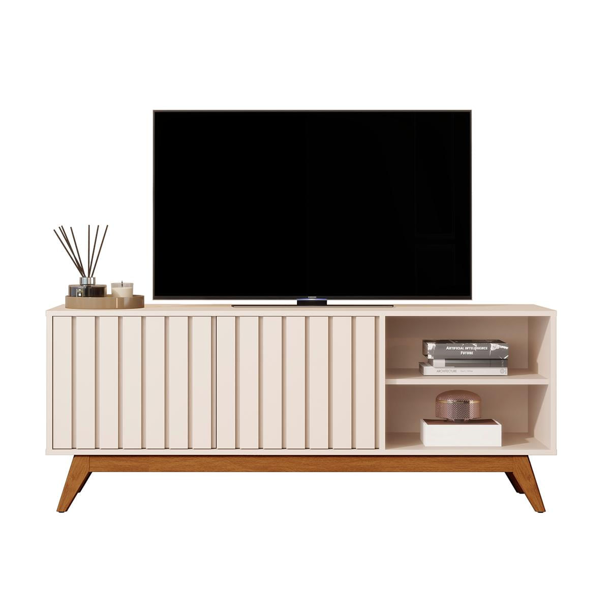 Rack Bancada Açai 140 Cm Tv Até 60" Com Pés Madeira Maciça Off White