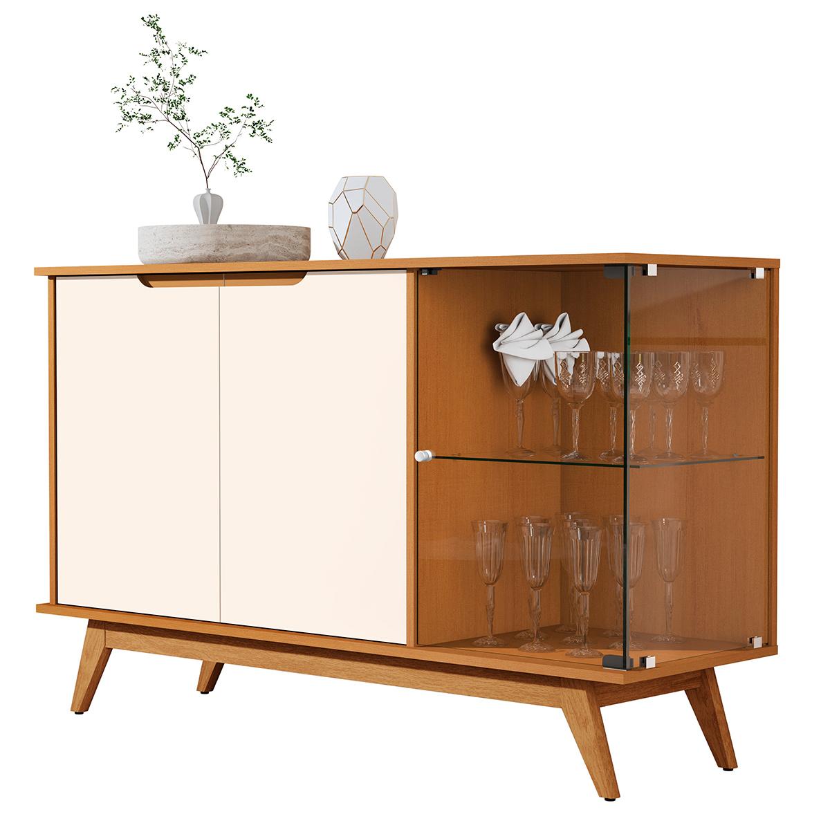 Aparador Buffet Tucumã Com 3 Portas Pés De Madeira Maciça Nature/off White