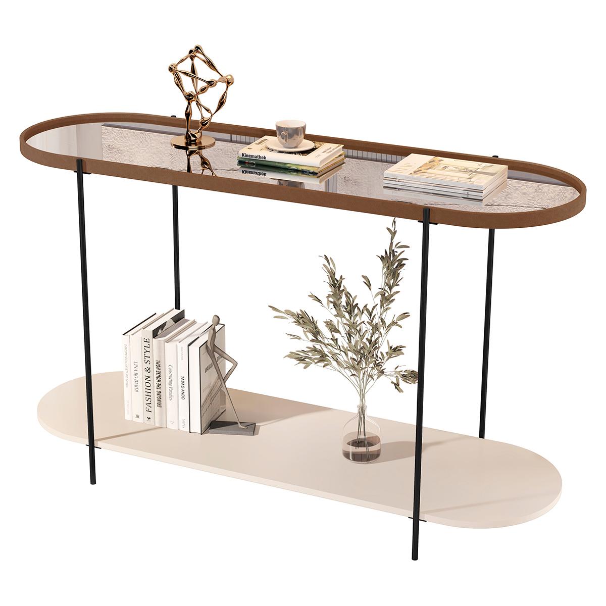 Aparador Buffet Bancada Alamanda Sala C/ Espelho E Pés Metal Castanho/off White/preto