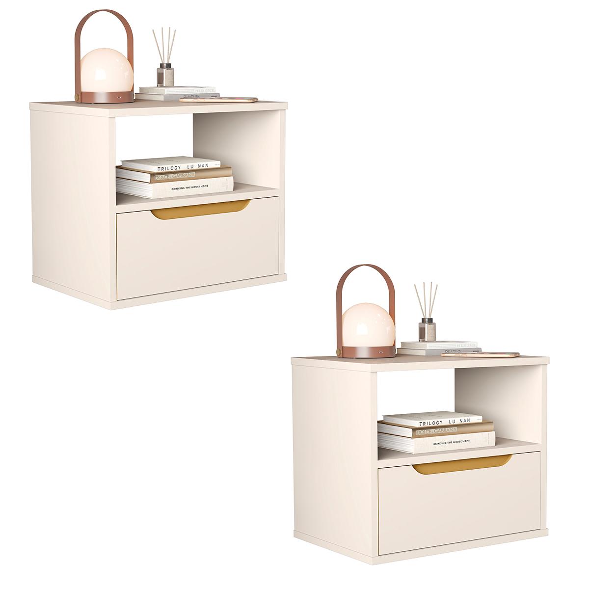 Kit 2 Mesa De Cabeceira Suspensa Jatobá Quarto Com 1 Gaveta Off White