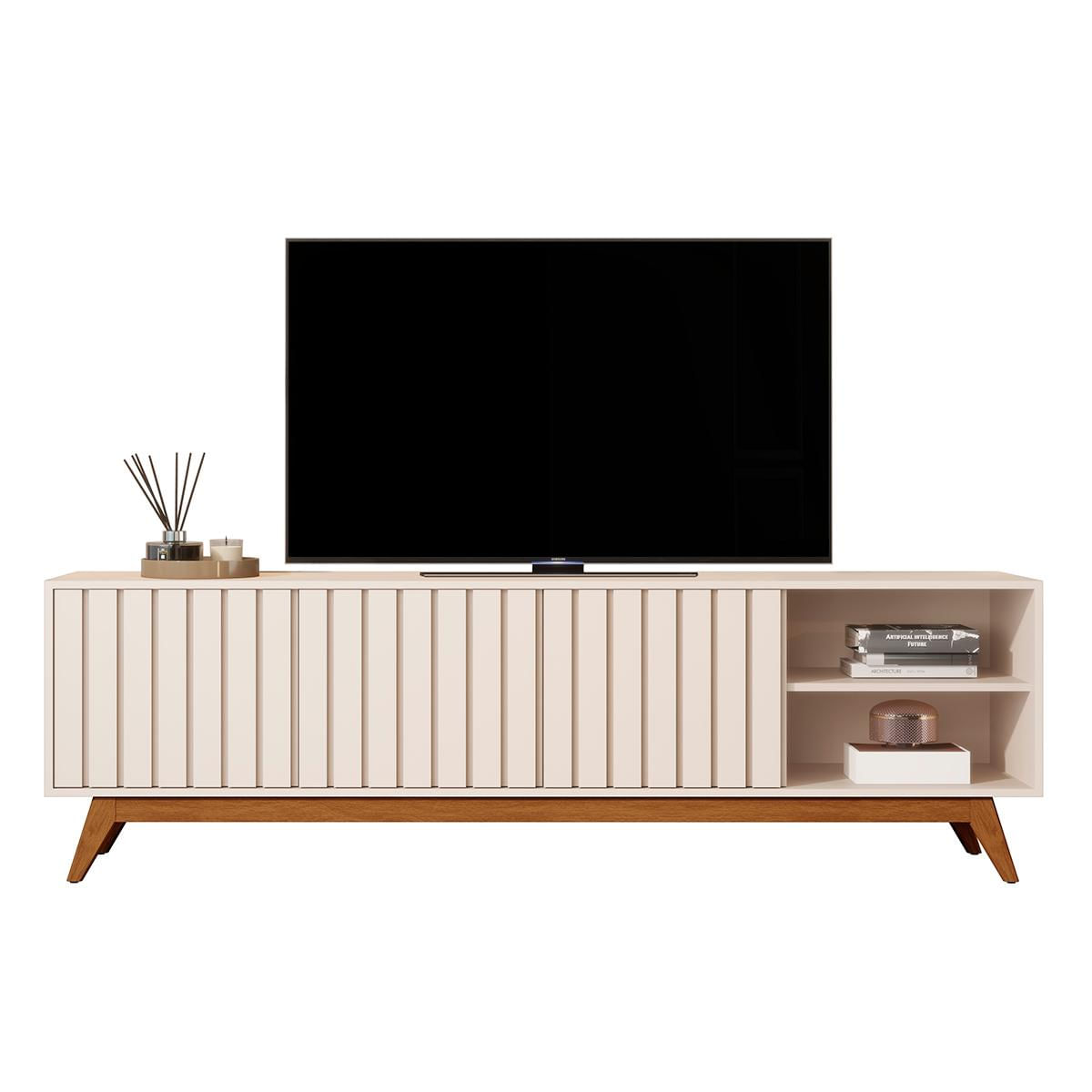 Rack Bancada Açai 180 Cm Tv Até 75" Com Pés Madeira Maciça Off White