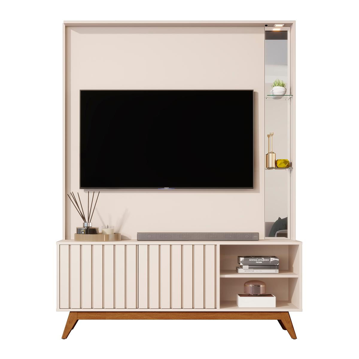 Home Estante Açaí 1.4 Led Sala P/ Tv Até 60" C/ Espelho Off White