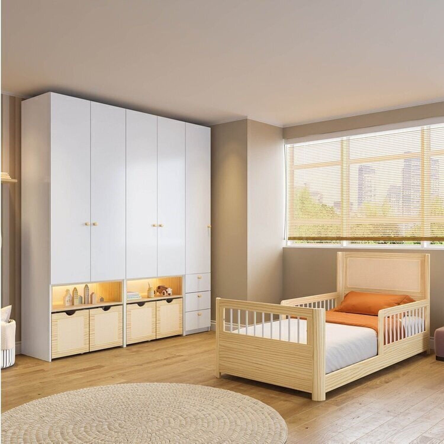 Conjunto Dormitório Com Cama Montessoriana Solteiro E Guarda-roupa Modulado Com Led Wave Casatema Branco/natural