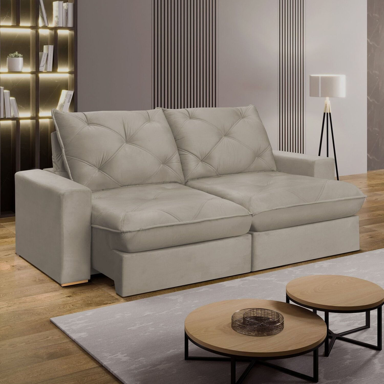 Sofá Retrátil 220cm Pilow 25cm Mônaco Yescasa Bege Claro