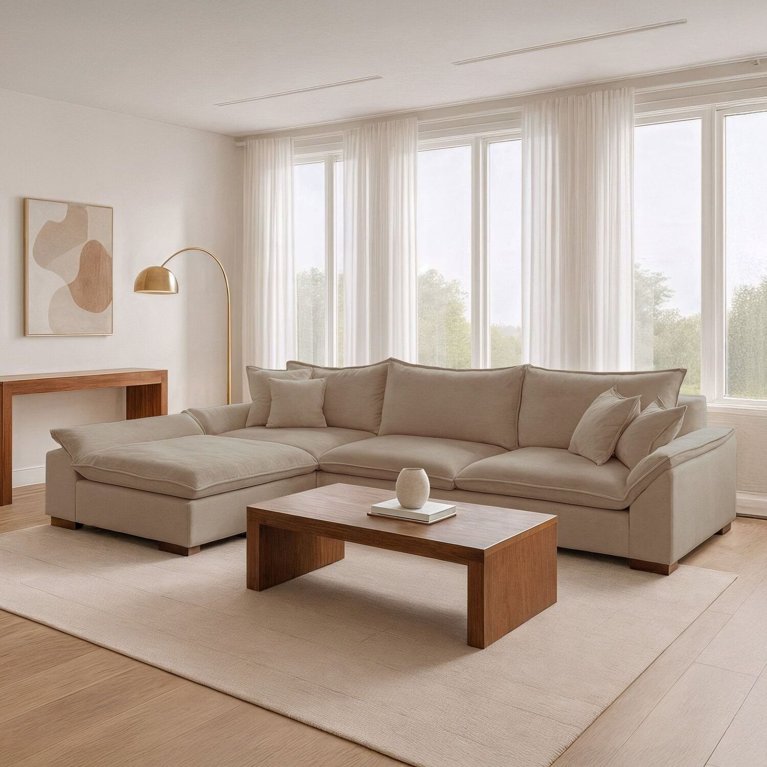 Sofá Modulado Com Chaise Dominique Base Em Madeira Maciça Bege