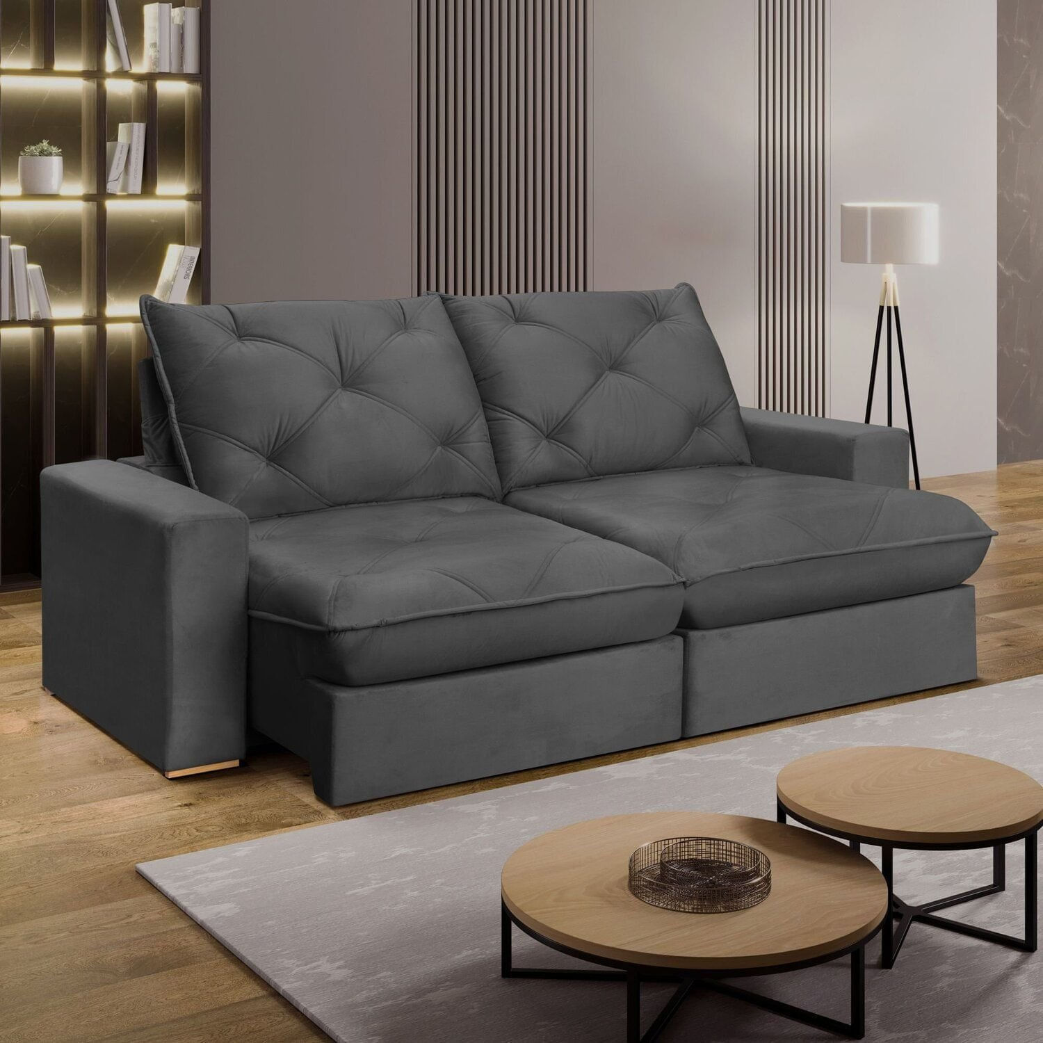 Sofá Retrátil 240cm Pilow 25cm Mônaco Cinza